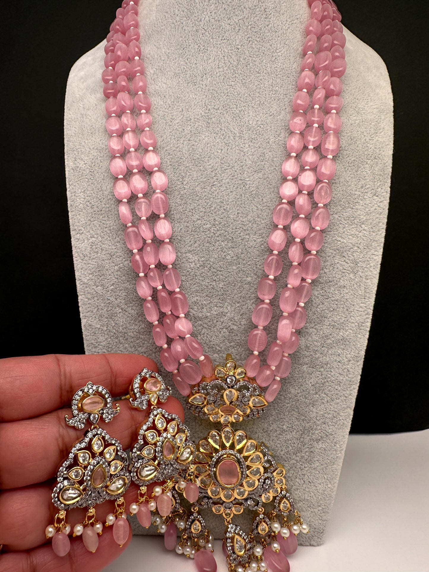 AD Pink Stone Victorian Pendent Pink Beads Necklace