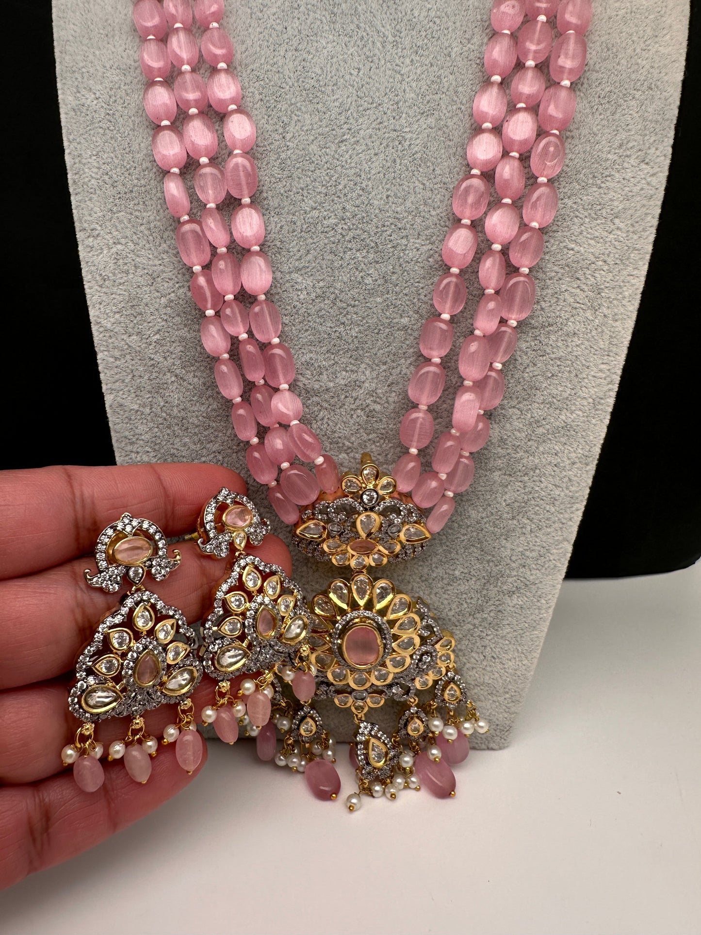 AD Pink Stone Victorian Pendent Pink Beads Necklace