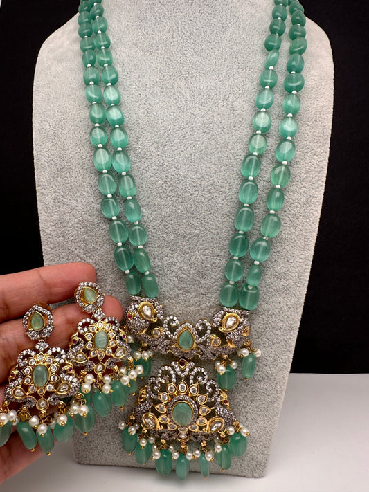 AD Dual Tone Victorian Pendent Mint Green Beads Necklace