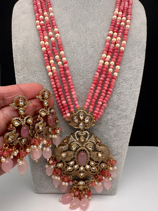 Kundan Victorian Color Stone Monalisa Beads Necklace - Pink