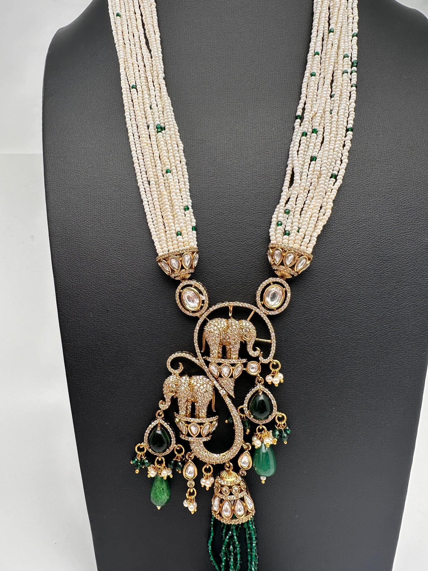 Elephant Kundan Victorian Color Stone Pearls Beads Necklace - Green