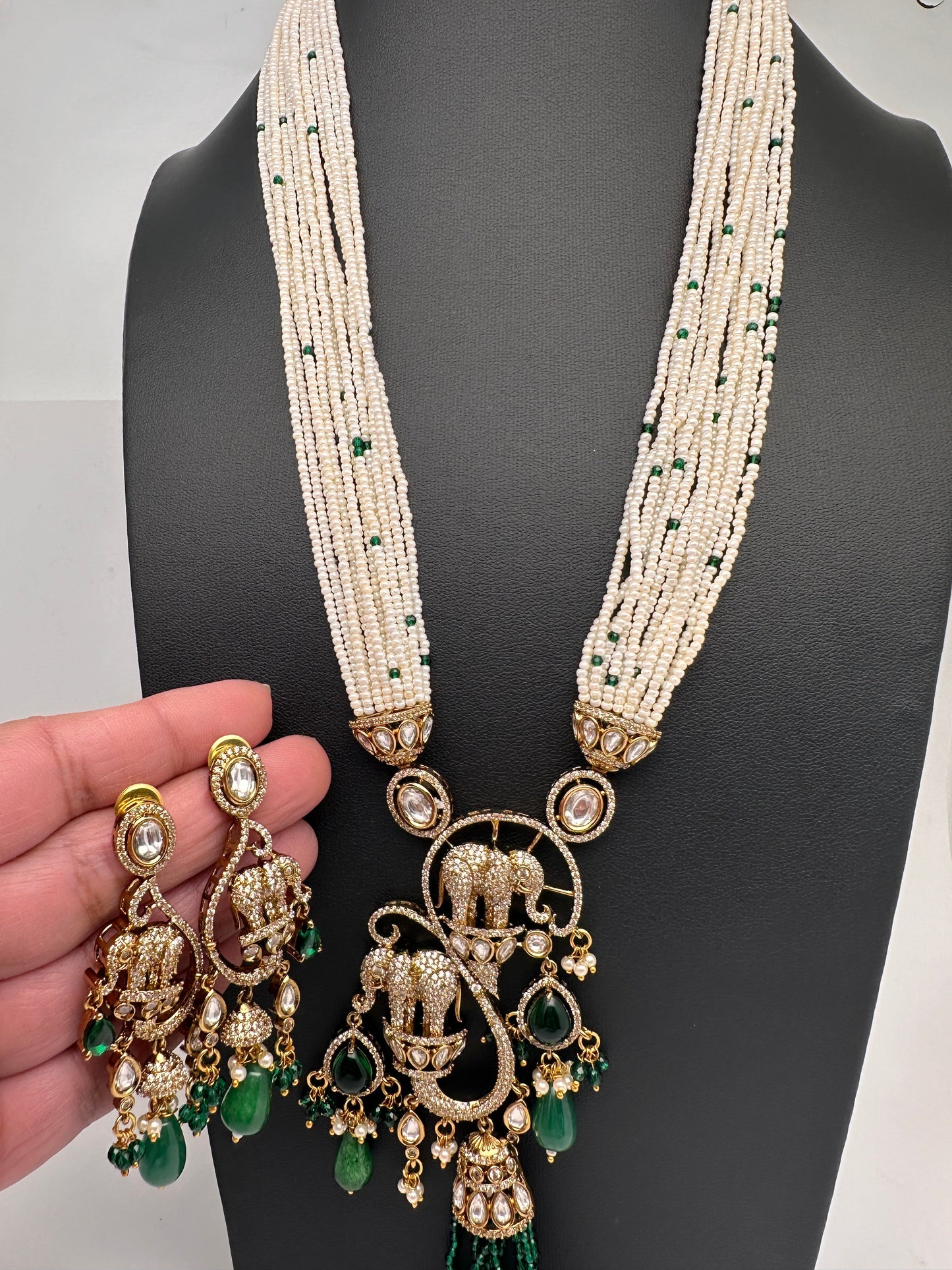 Elephant Kundan Victorian Color Stone Pearls Beads Necklace - Green