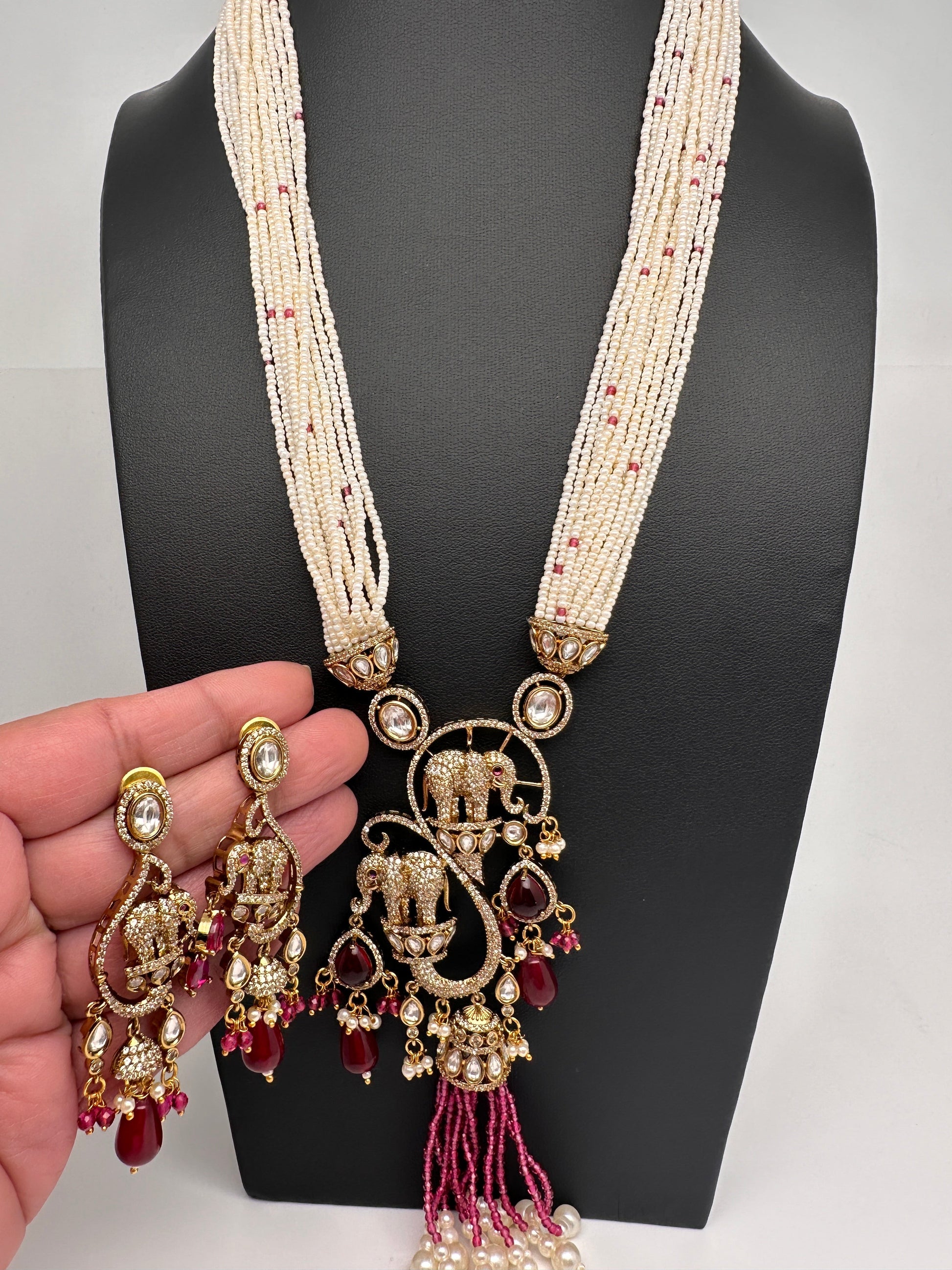 Elephant Kundan Victorian Color Stone Pearls Beads Necklace - Pink