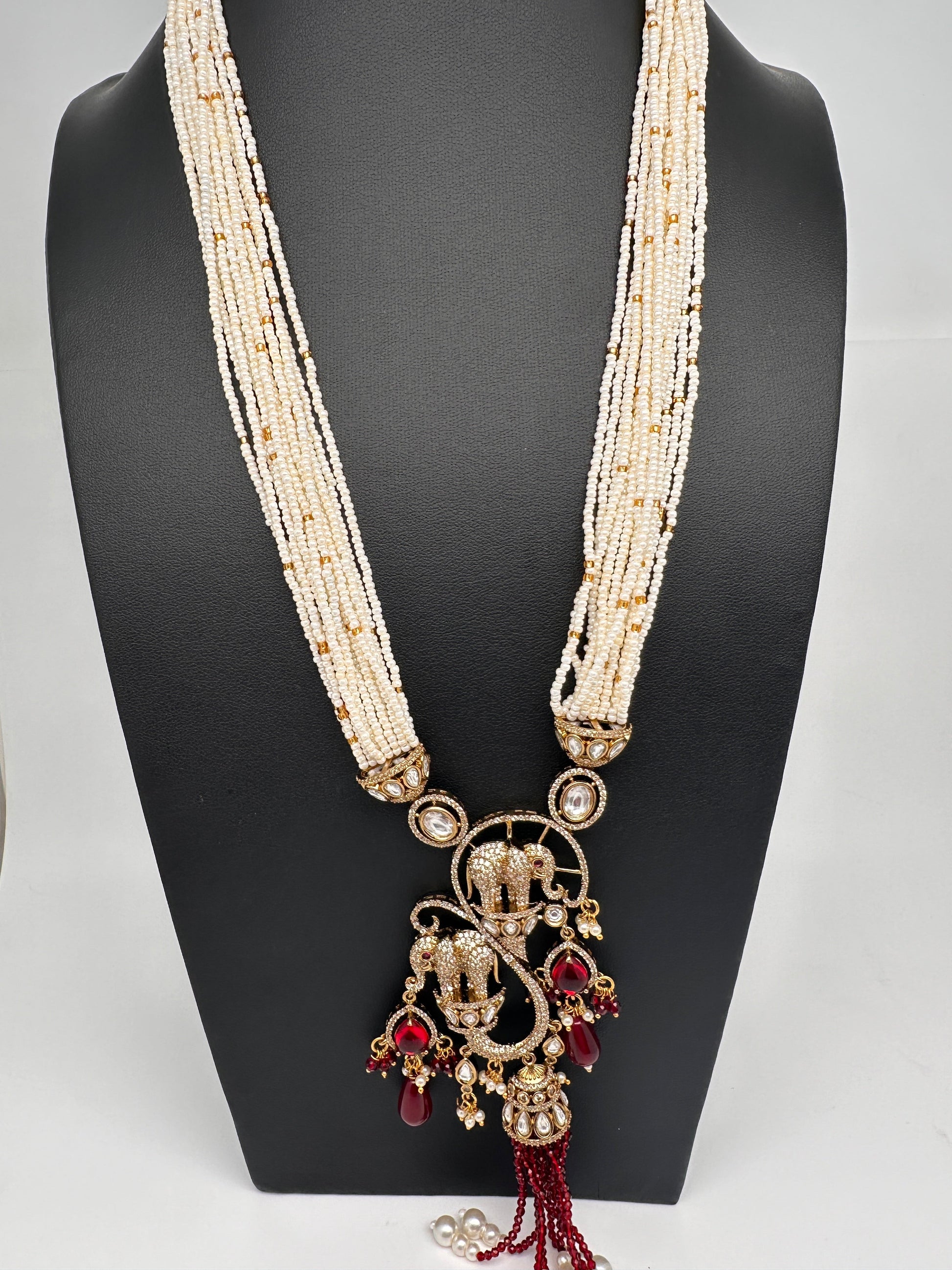 Elephant Kundan Victorian Color Stone Pearls Beads Necklace - Red