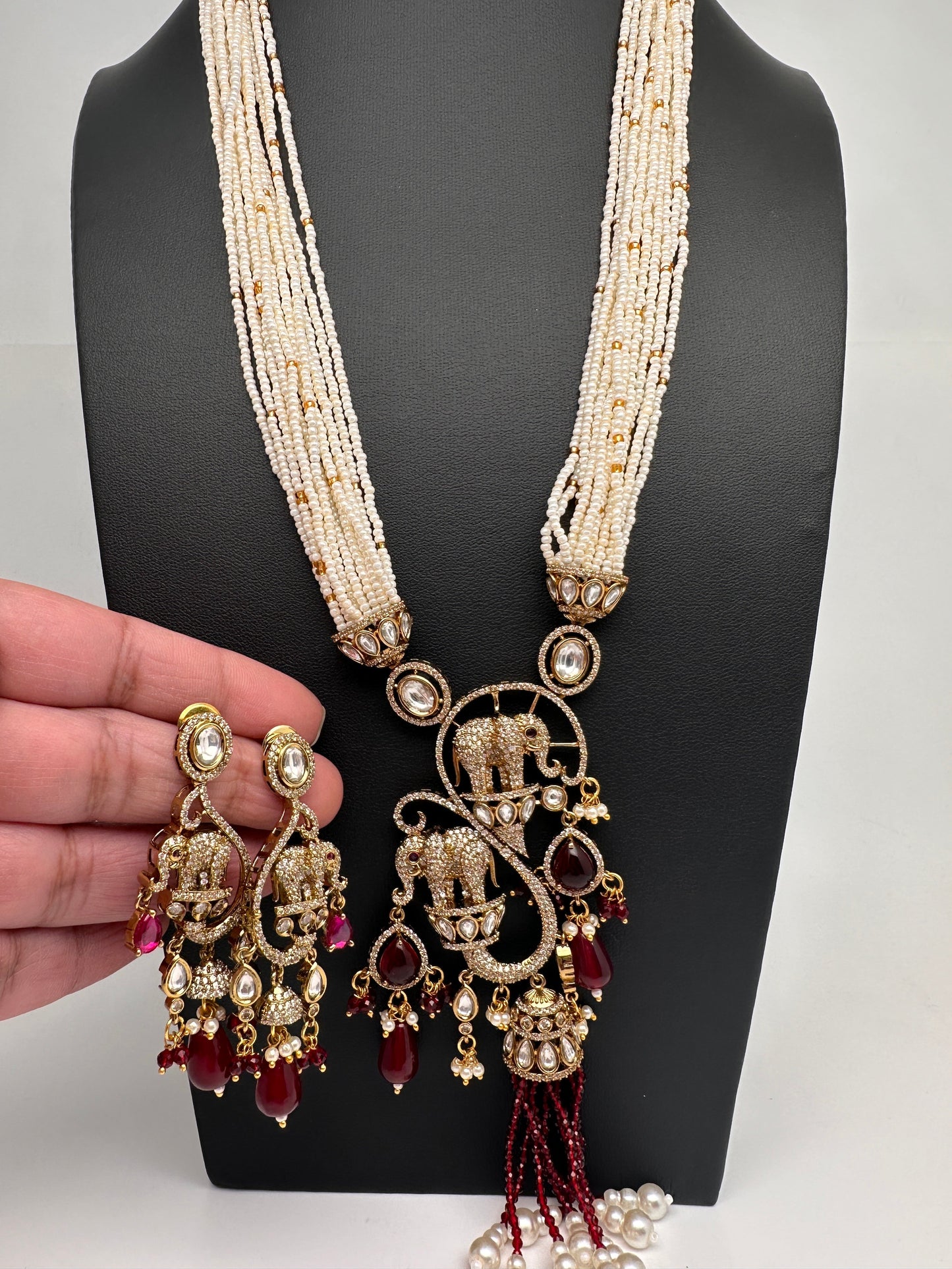 Elephant Kundan Victorian Color Stone Pearls Beads Necklace - Red