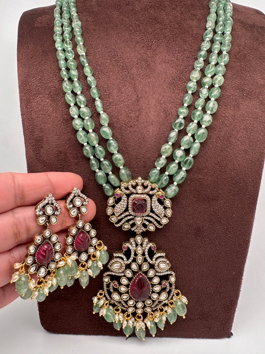 Victorian Kundan Real Emerald Beads Long Necklace