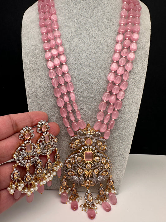 AD Peacock Pendent Pink Beads Necklace