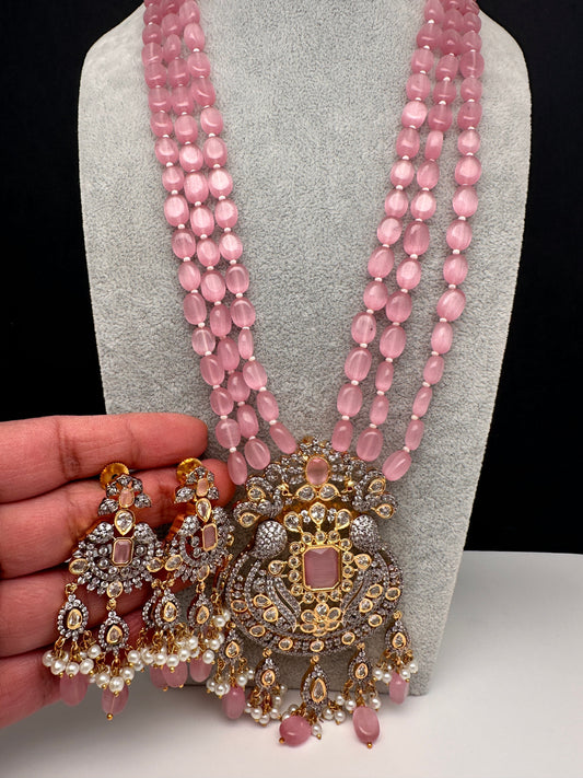 AD Peacock Pendent Pink Beads Necklace