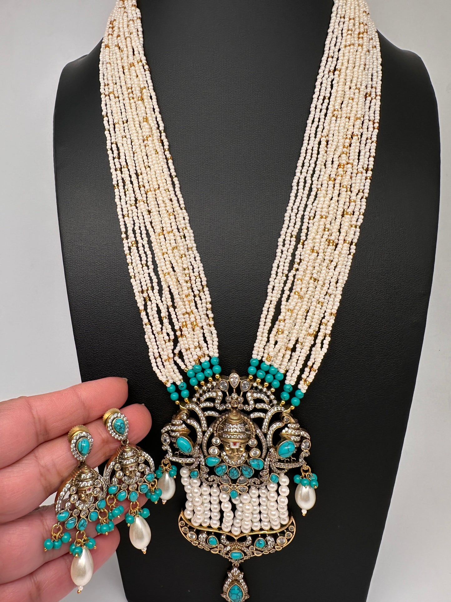 Balaji Mehendi Polish Color Stone Pearls Beads Necklace - Turquoise