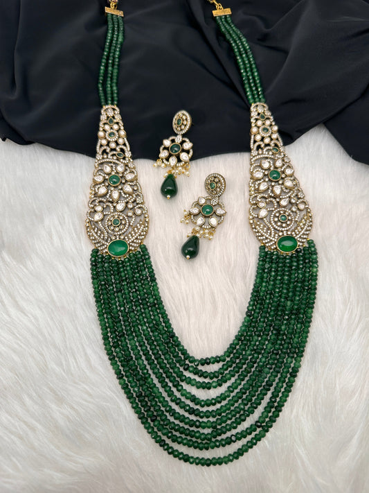 Victorian Kundan Side Brochuer Green Onyx Beads Necklace