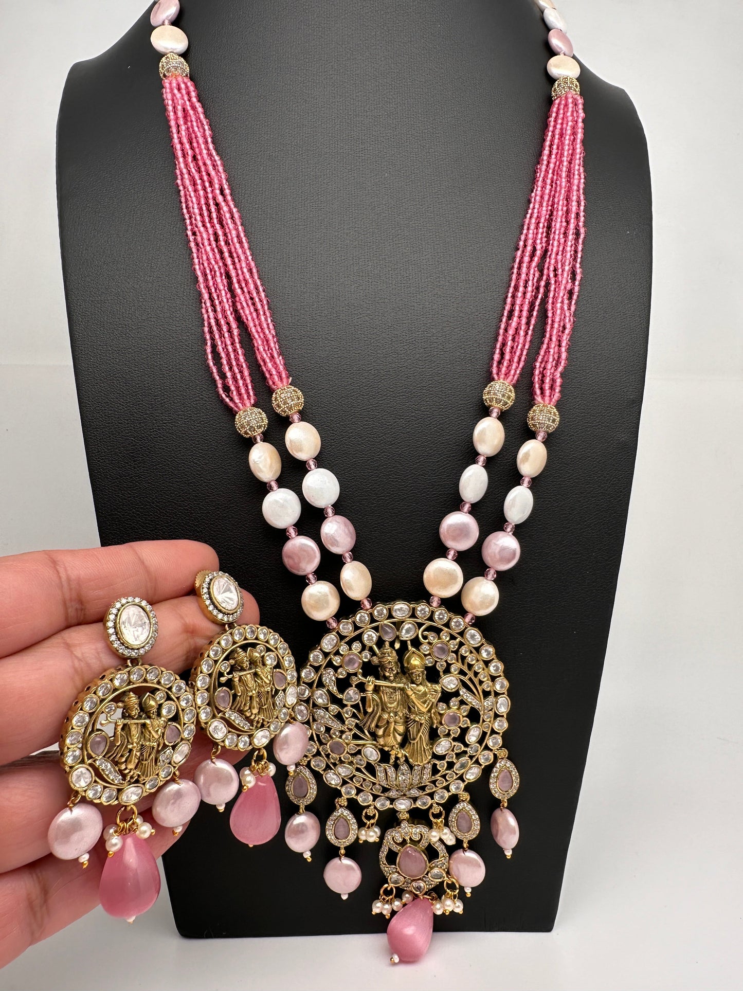 Radha Krishna Mehendi Polish Color Stone Crystal Beads Necklace - Pink