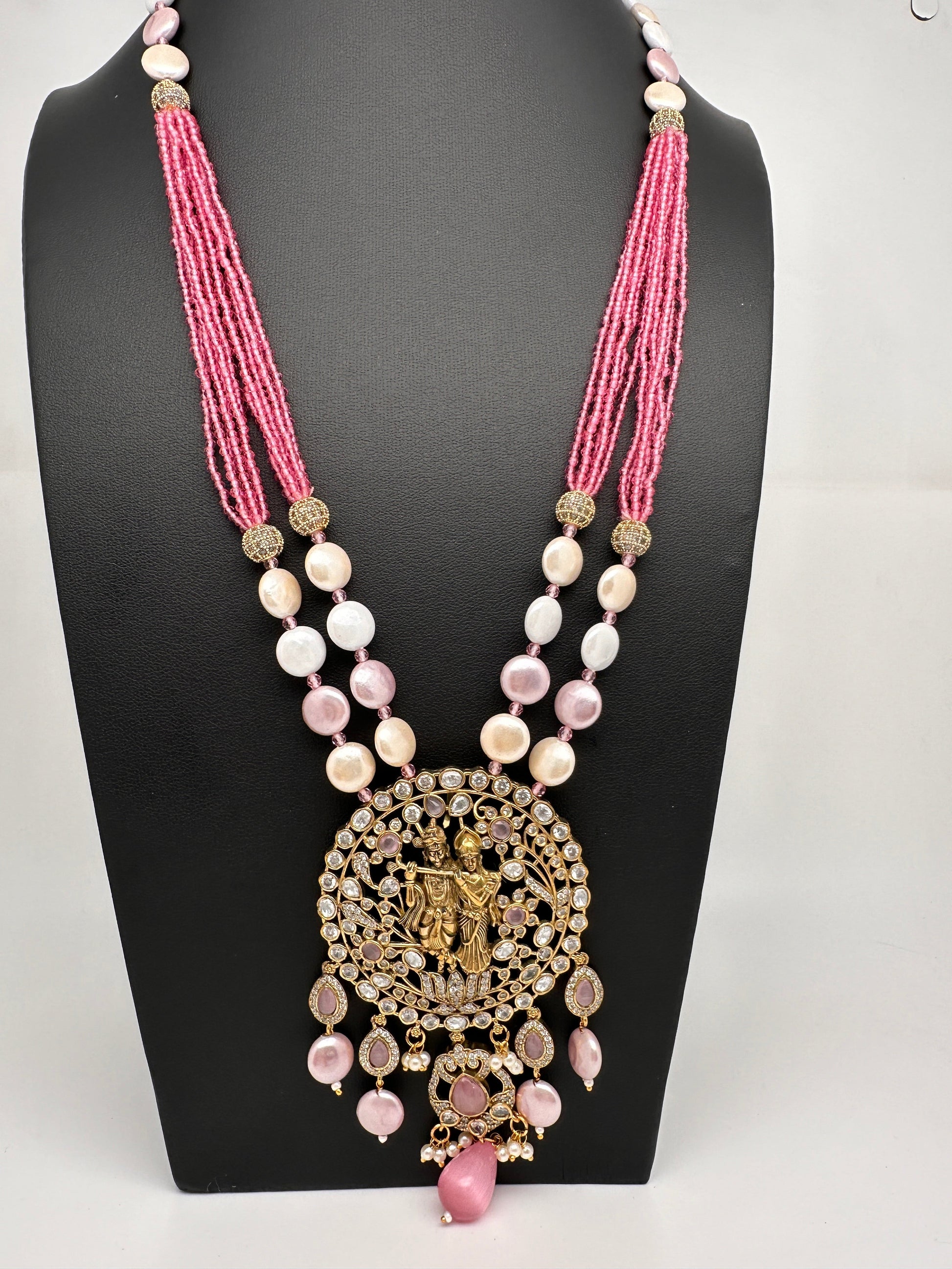 Radha Krishna Mehendi Polish Color Stone Crystal Beads Necklace - Pink