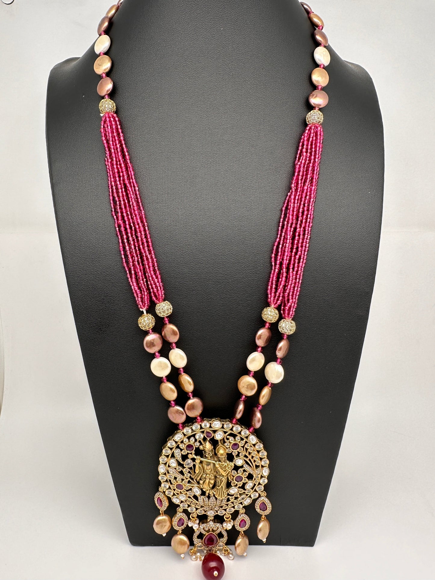 Radha Krishna Mehendi Polish Color Stone Crystal Beads Necklace - Red