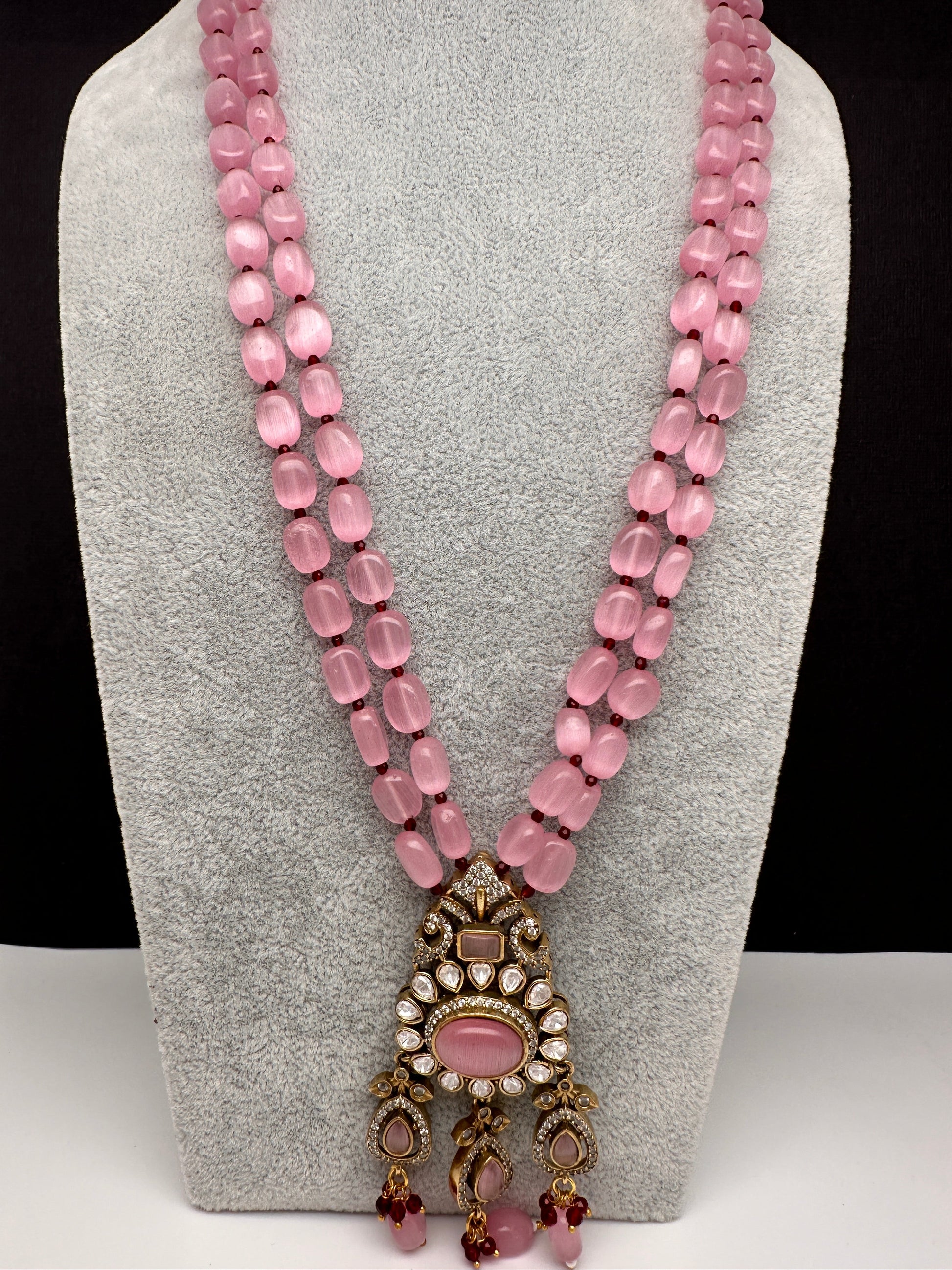 Moissanite Mehendi Polish Color Stone Monalisa Beads Necklace - Pink