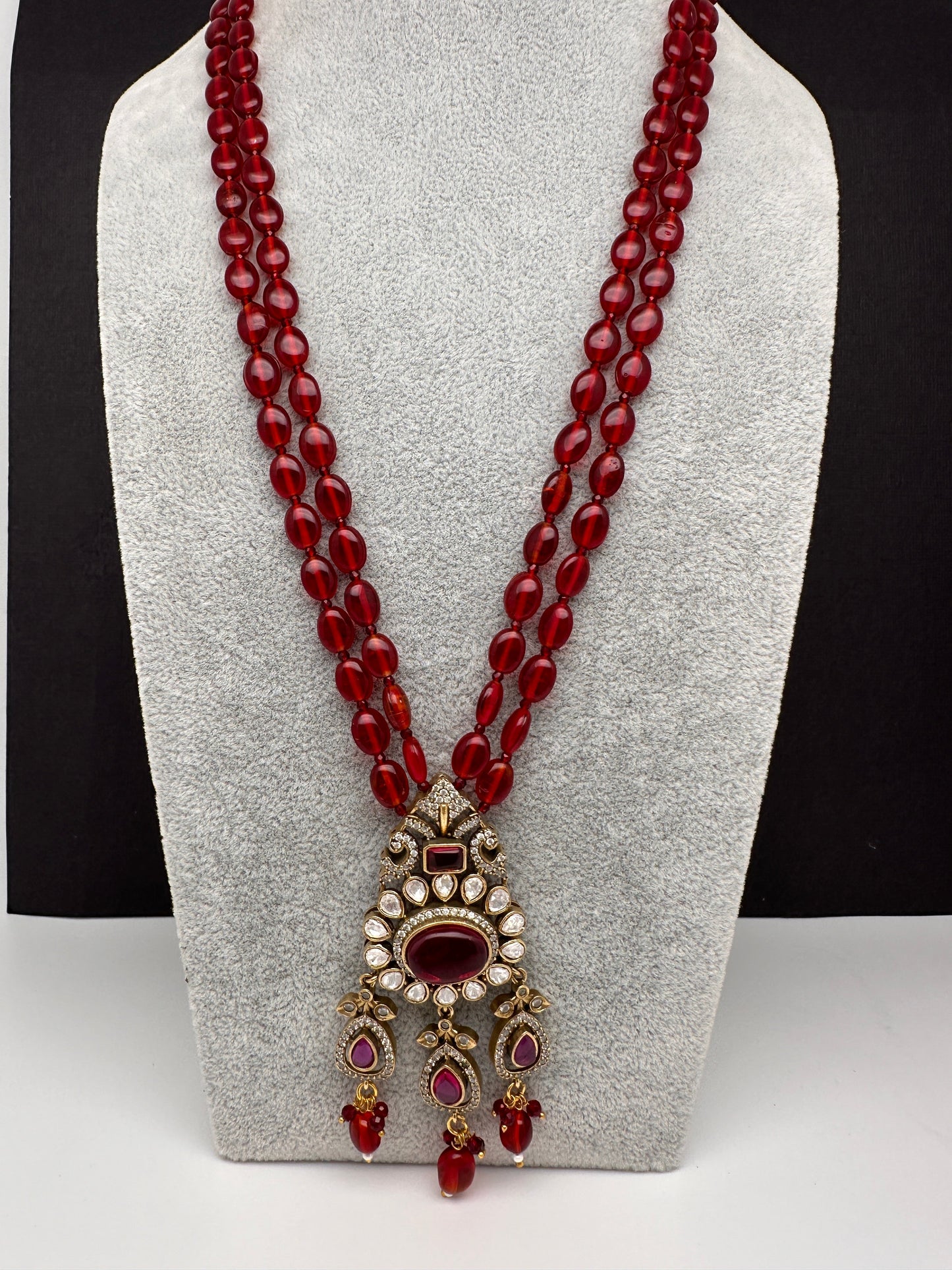 Moissanite Mehendi Polish Color Stone Monalisa Beads Necklace - Red