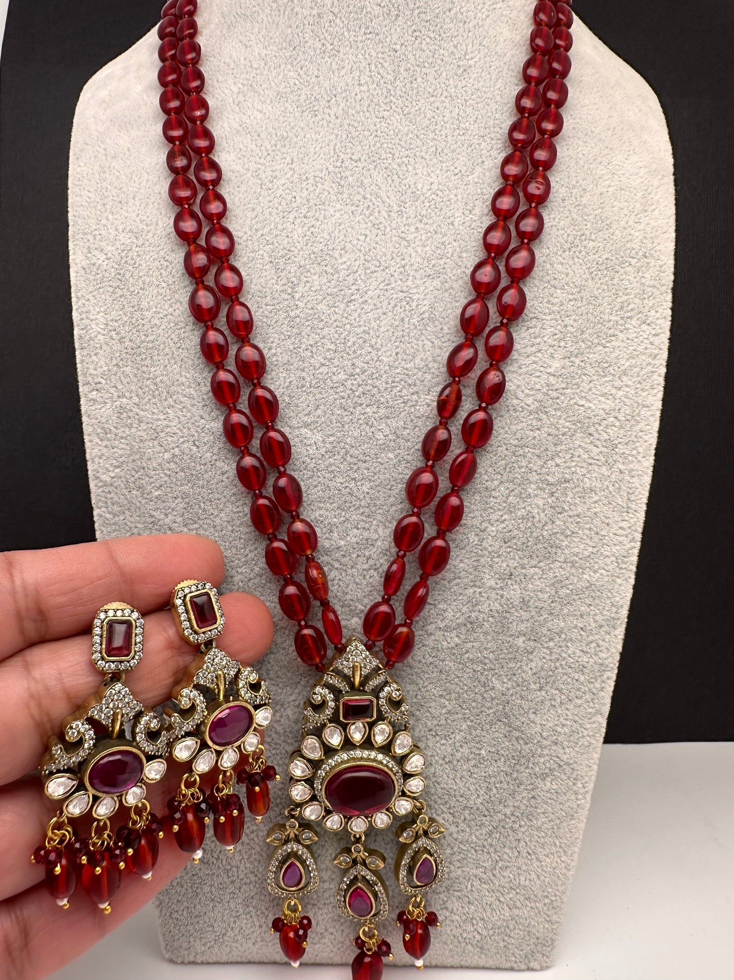 Moissanite Mehendi Polish Color Stone Monalisa Beads Necklace - Red