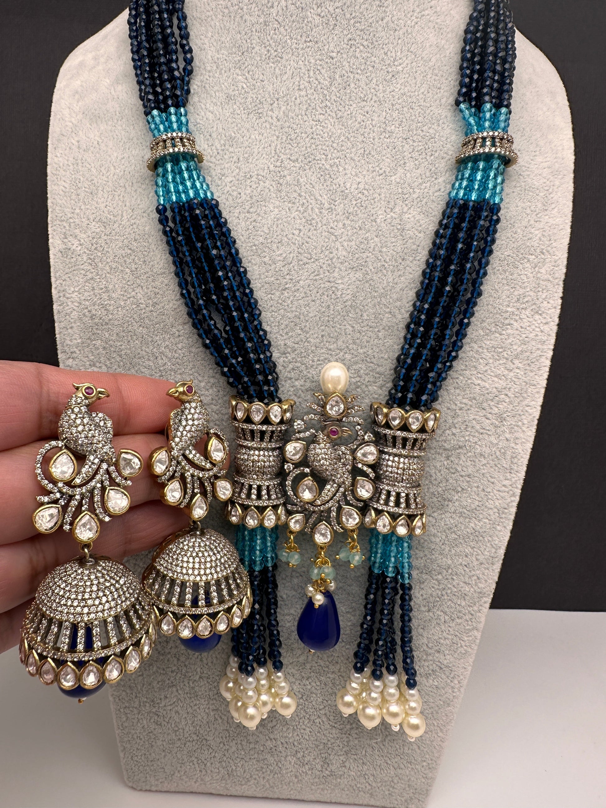 Moissanite Kundan Peacock Pattern Color Crystal Beads Necklace - Blue