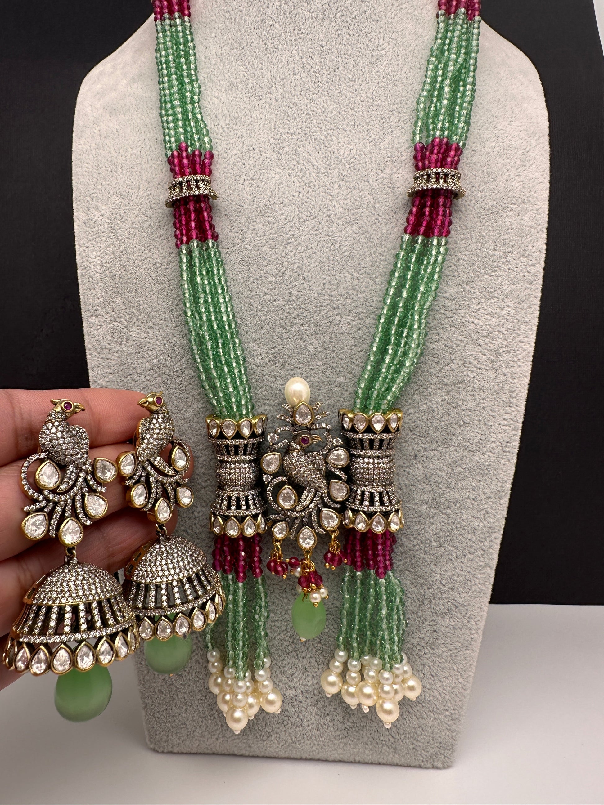 Moissanite Kundan Peacock Pattern Color Crystal Beads Necklace - LightGreen