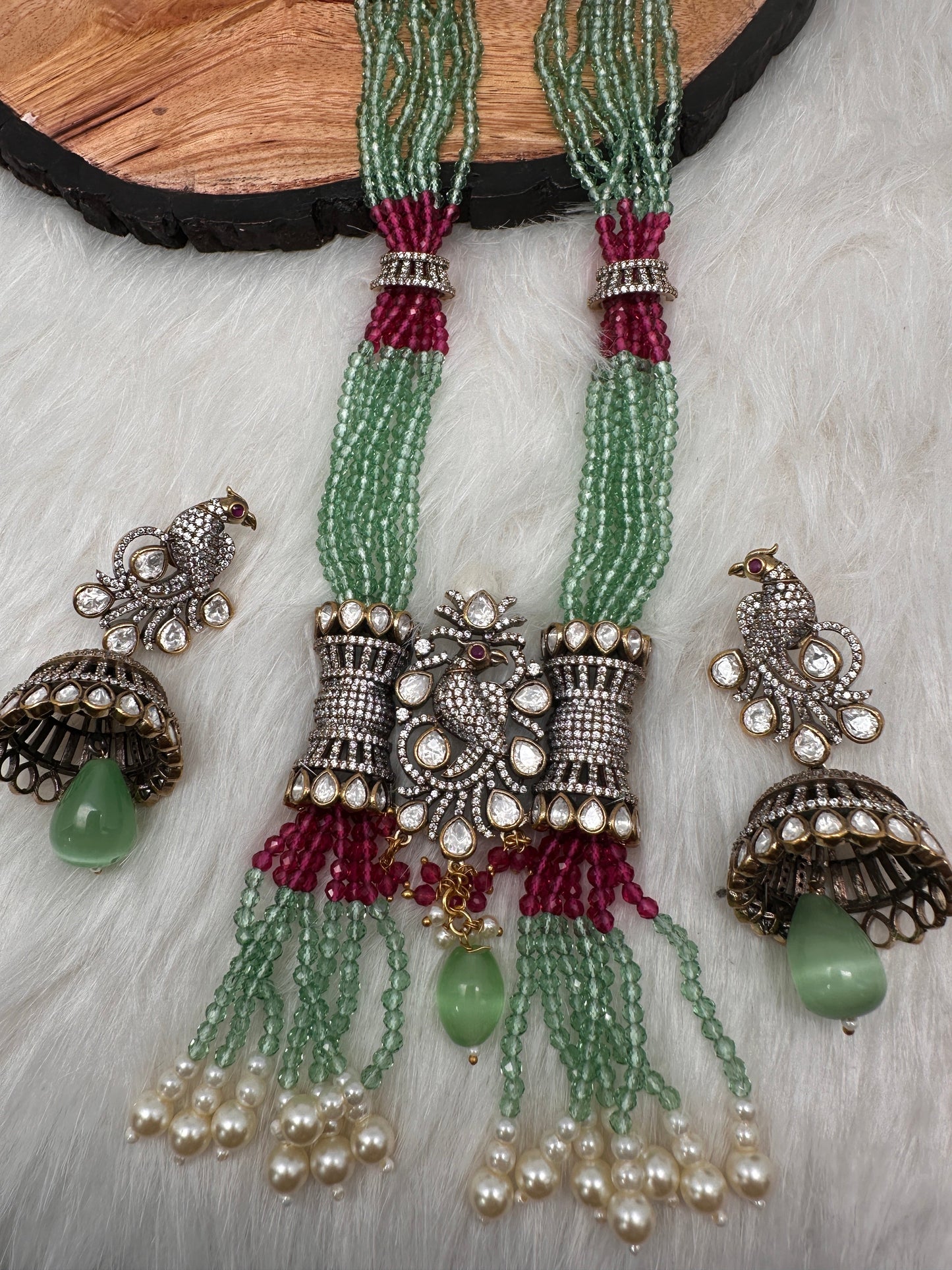 Moissanite Kundan Peacock Pattern Color Crystal Beads Necklace - LightGreen