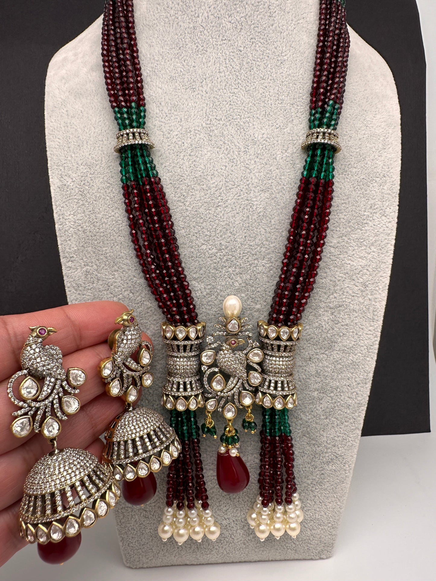 Moissanite Kundan Peacock Pattern Color Crystal Beads Necklace - Red