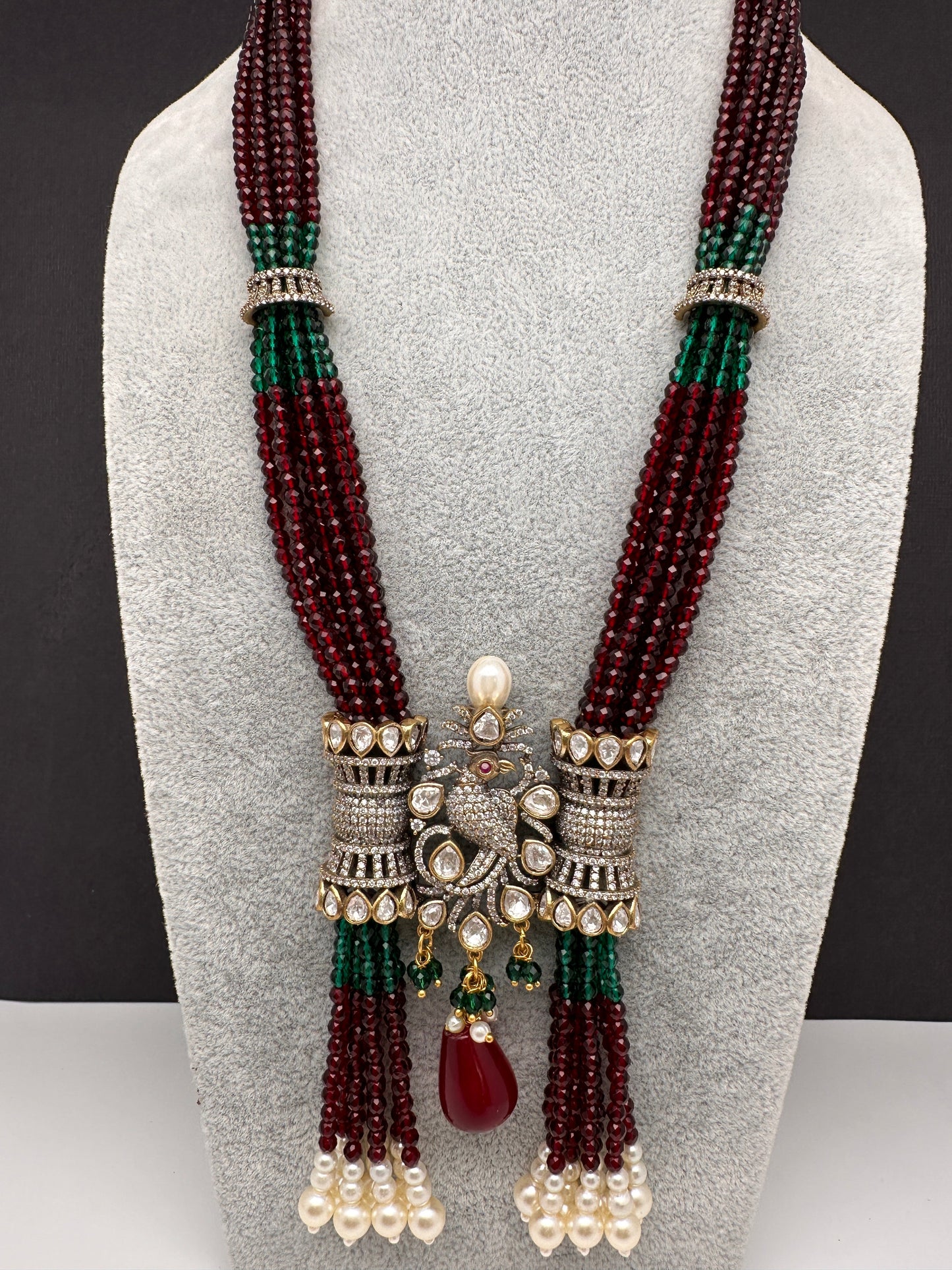 Moissanite Kundan Peacock Pattern Color Crystal Beads Necklace - Red