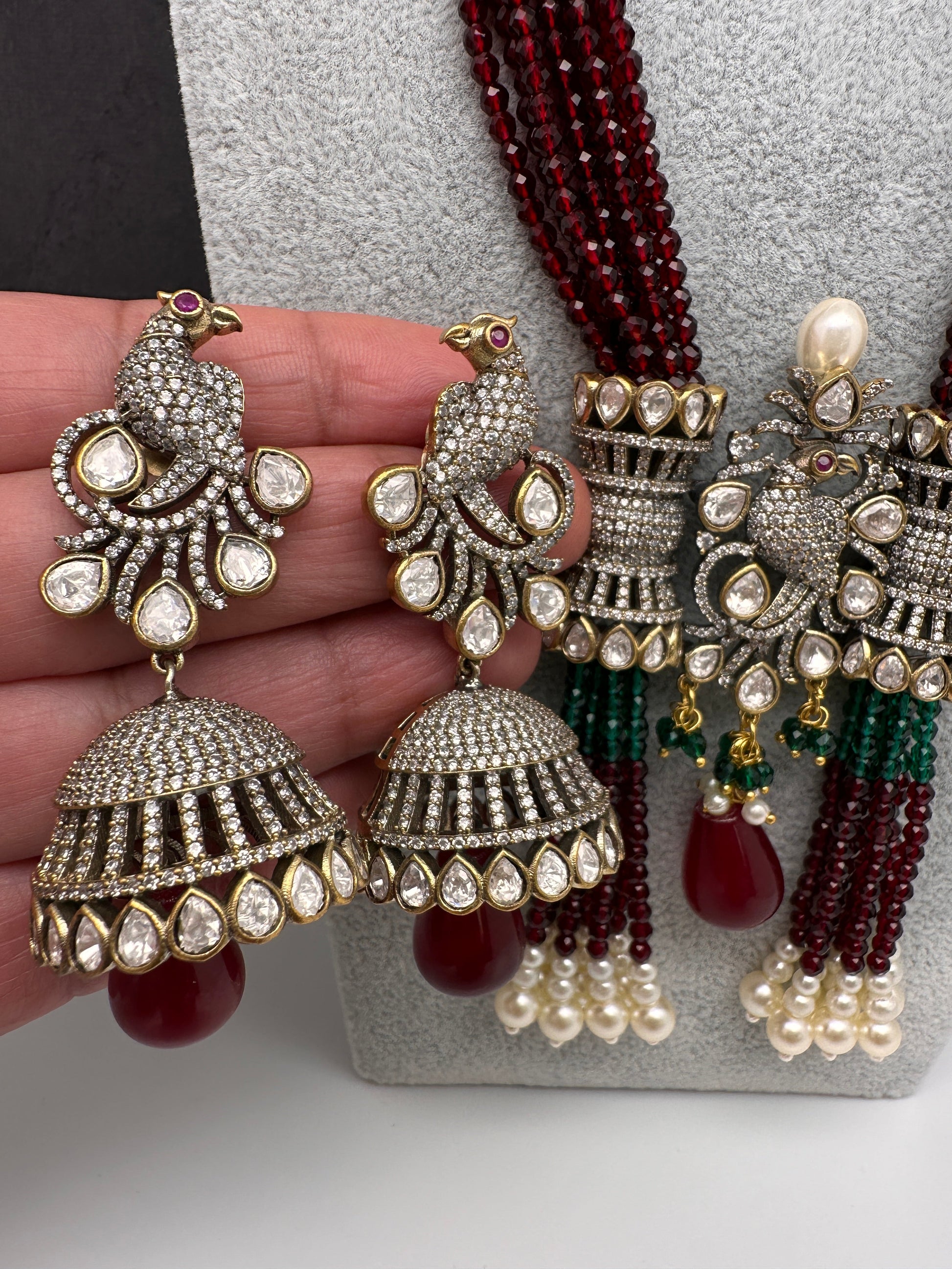 Moissanite Kundan Peacock Pattern Color Crystal Beads Necklace - Red