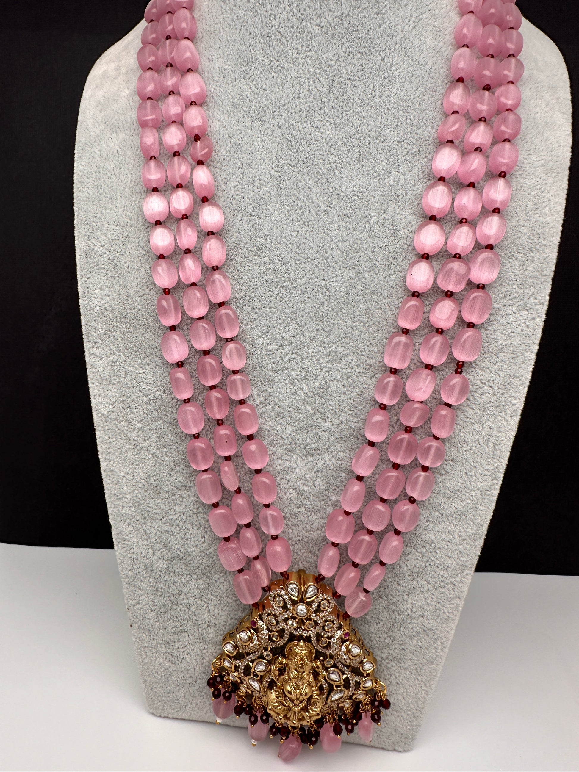 AD Kundan Goddess Lakshmi Color Monalisa Beads Necklace - Pink