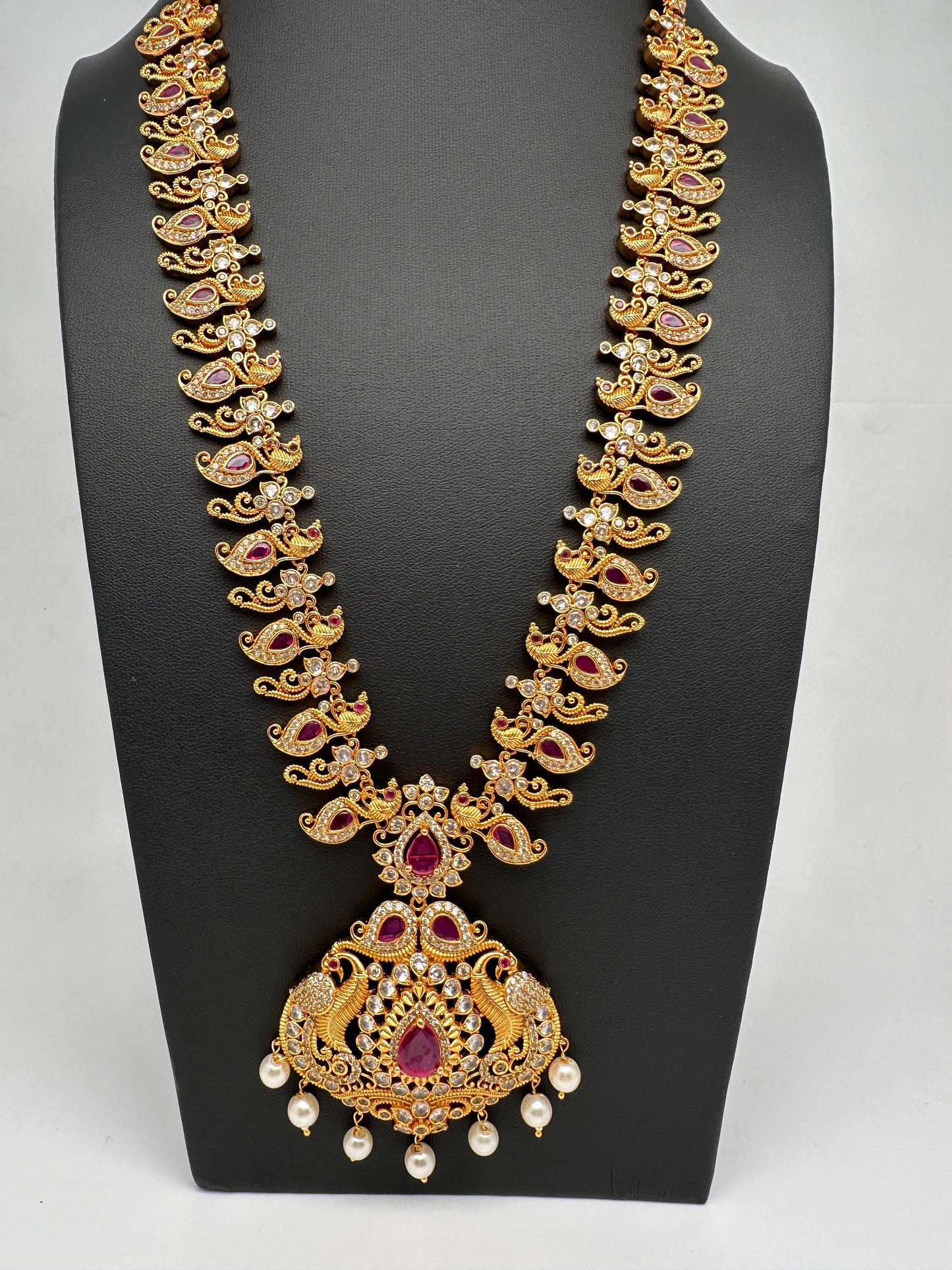 Mango Peacock Red Stone CZ Long Necklace