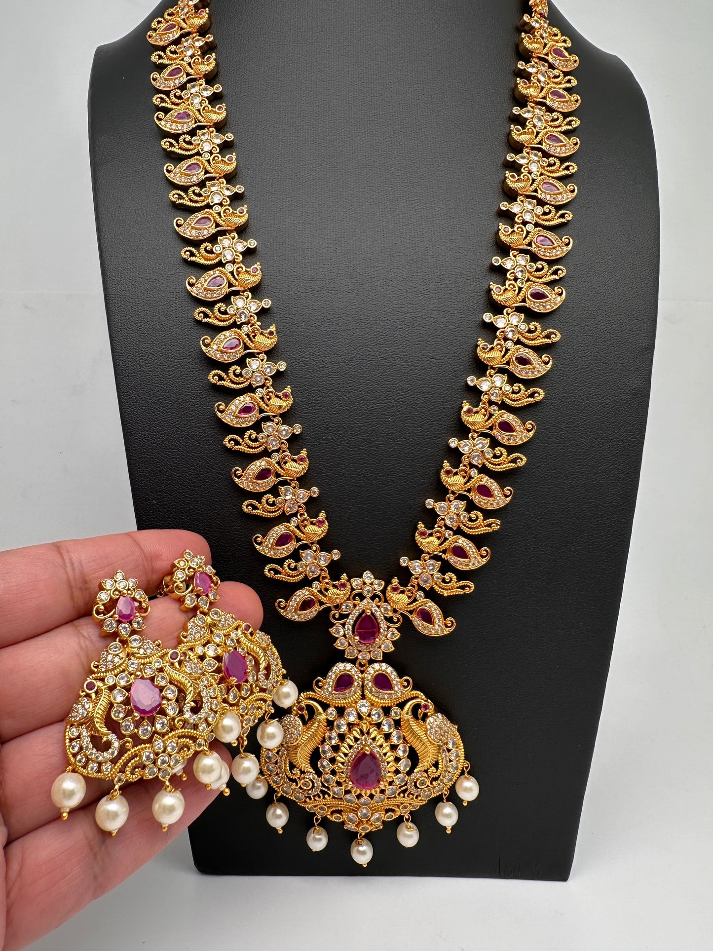 Mango Peacock Red Stone CZ Long Necklace