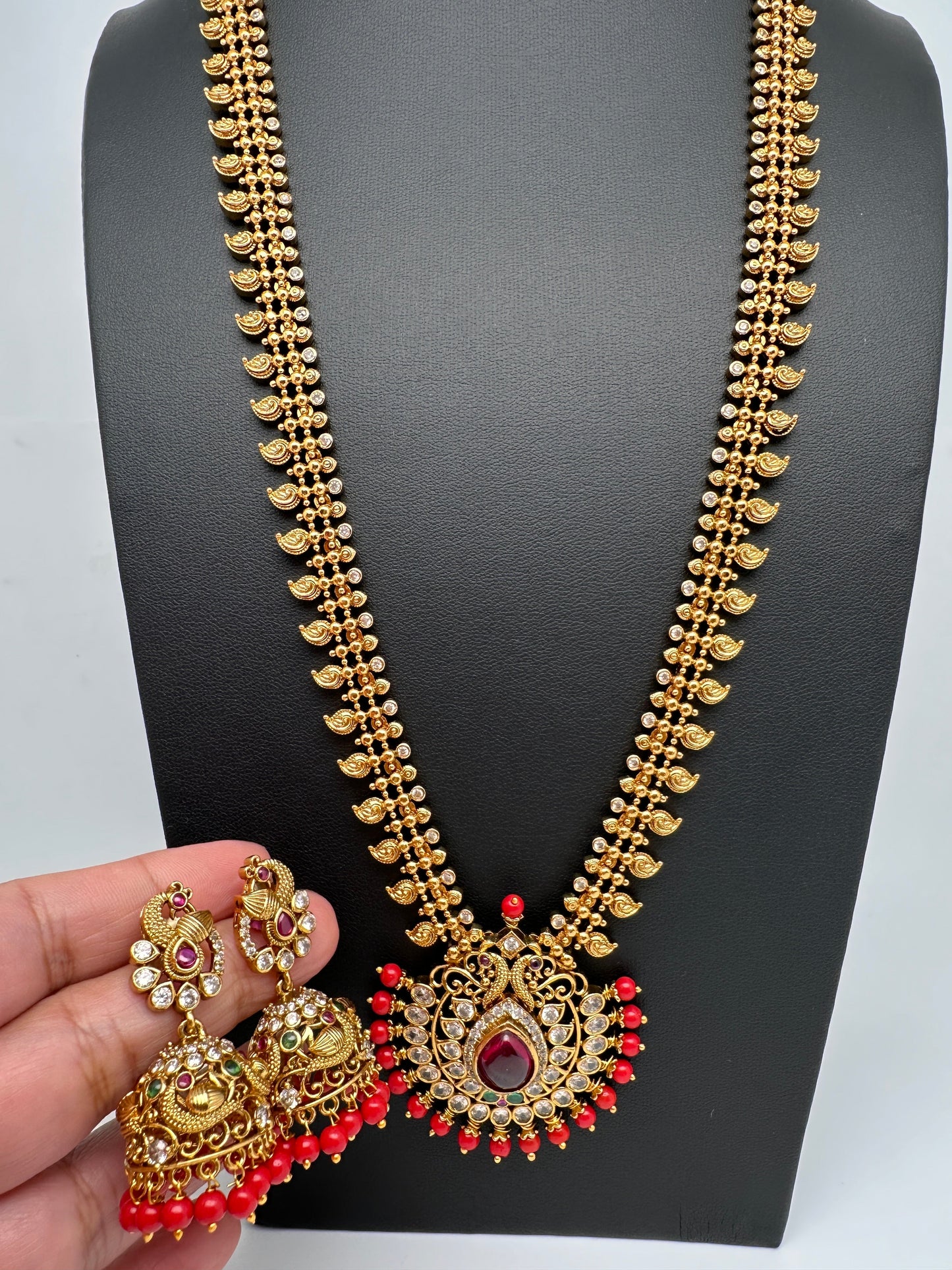 Mango Pattern Coral CZ Long Matte Ethnic Necklace