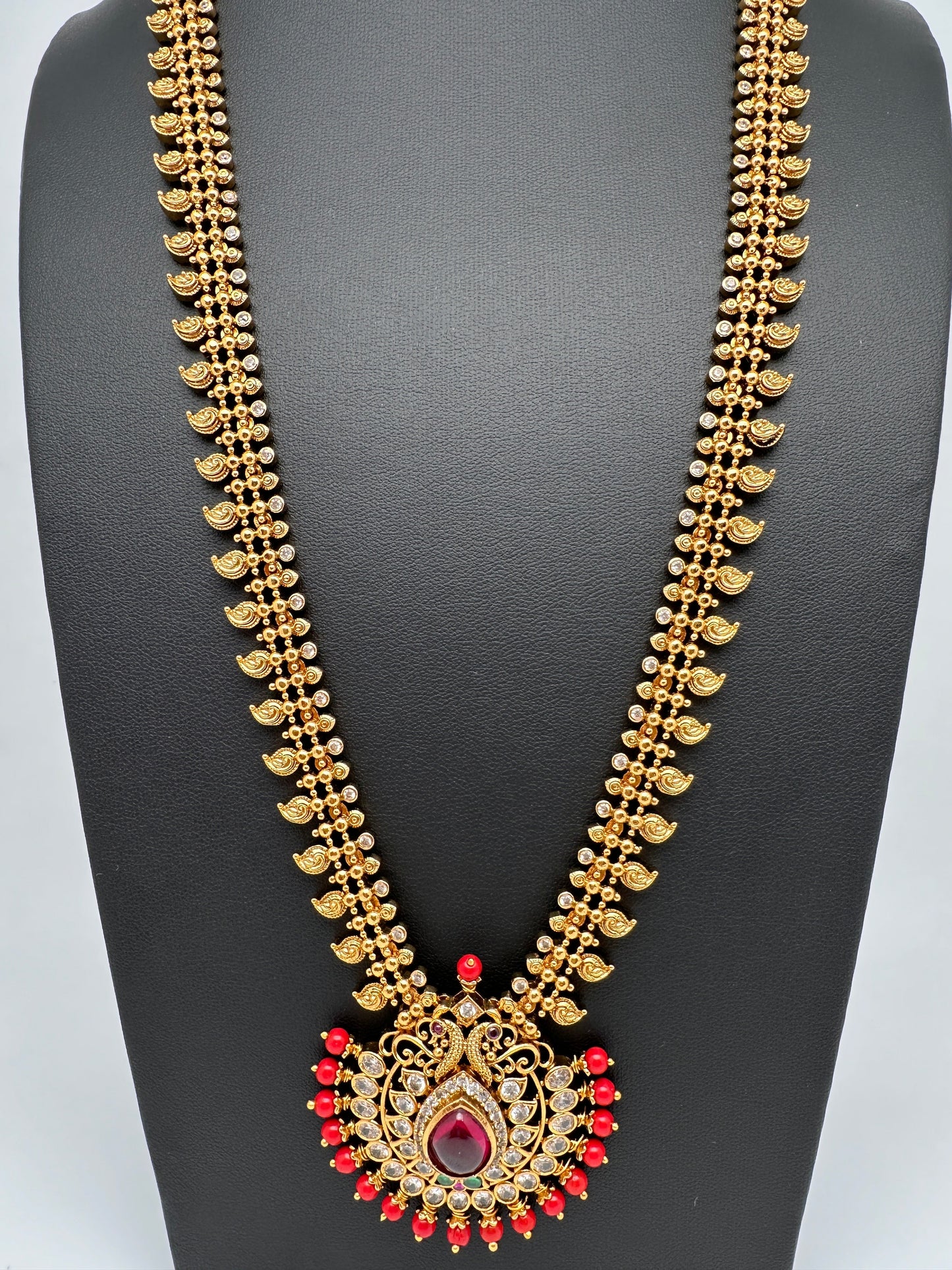 Mango Pattern Coral CZ Long Matte Ethnic Necklace