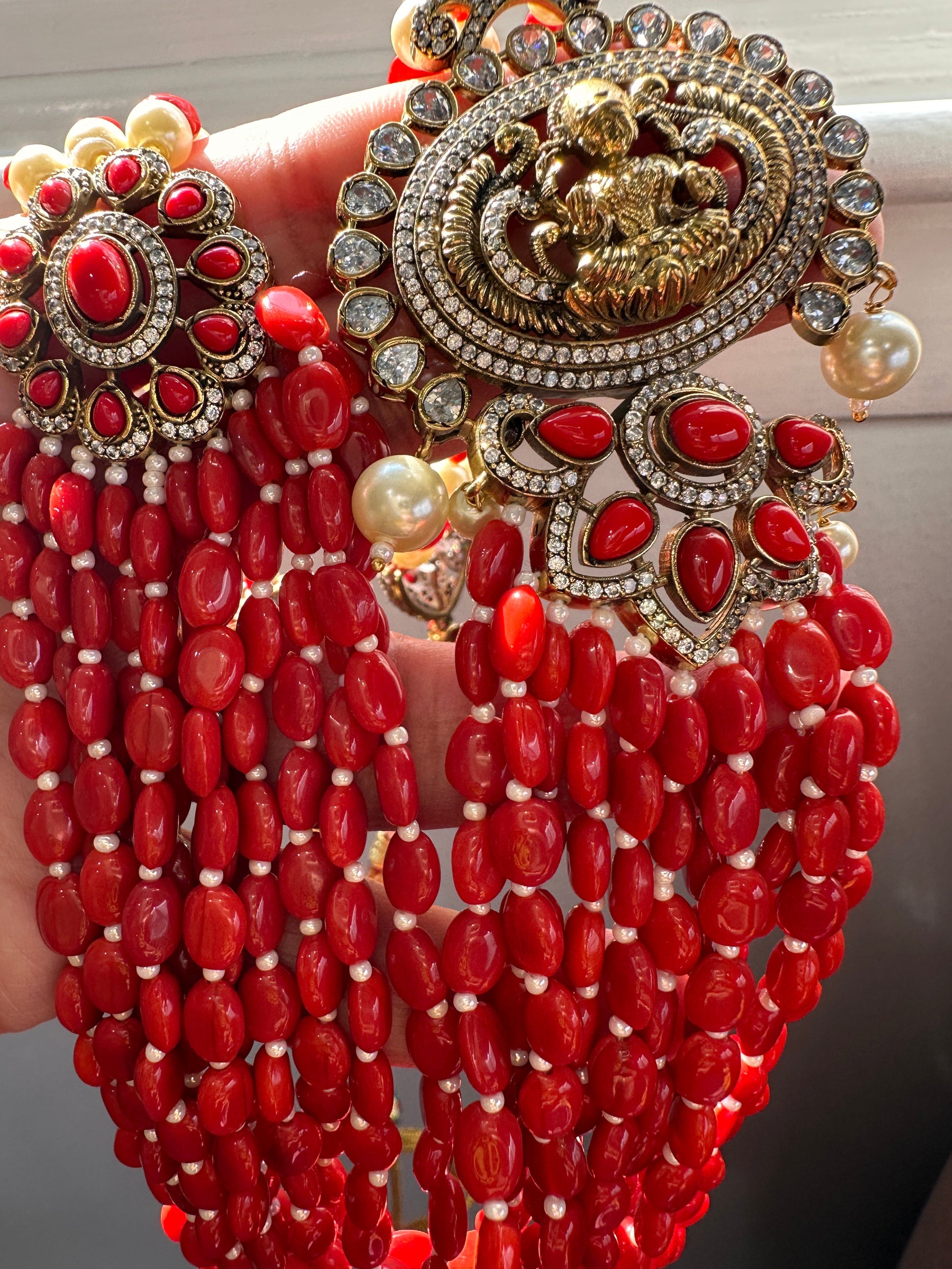 Goddess Lakshmi Color Multi Layer Beads Necklace - Coral