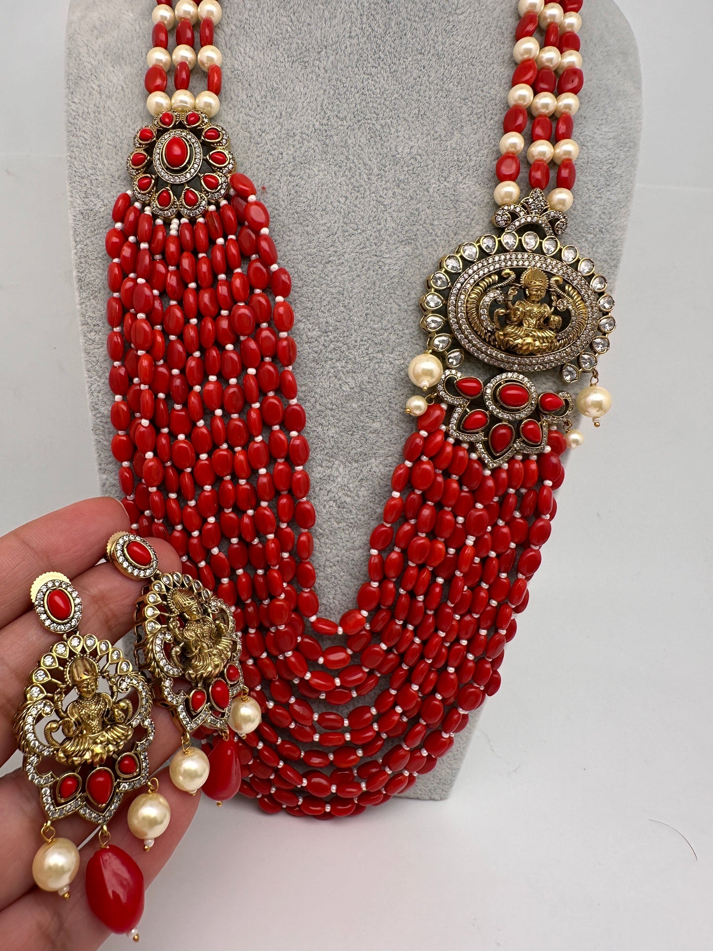 Goddess Lakshmi Color Multi Layer Beads Necklace - Coral