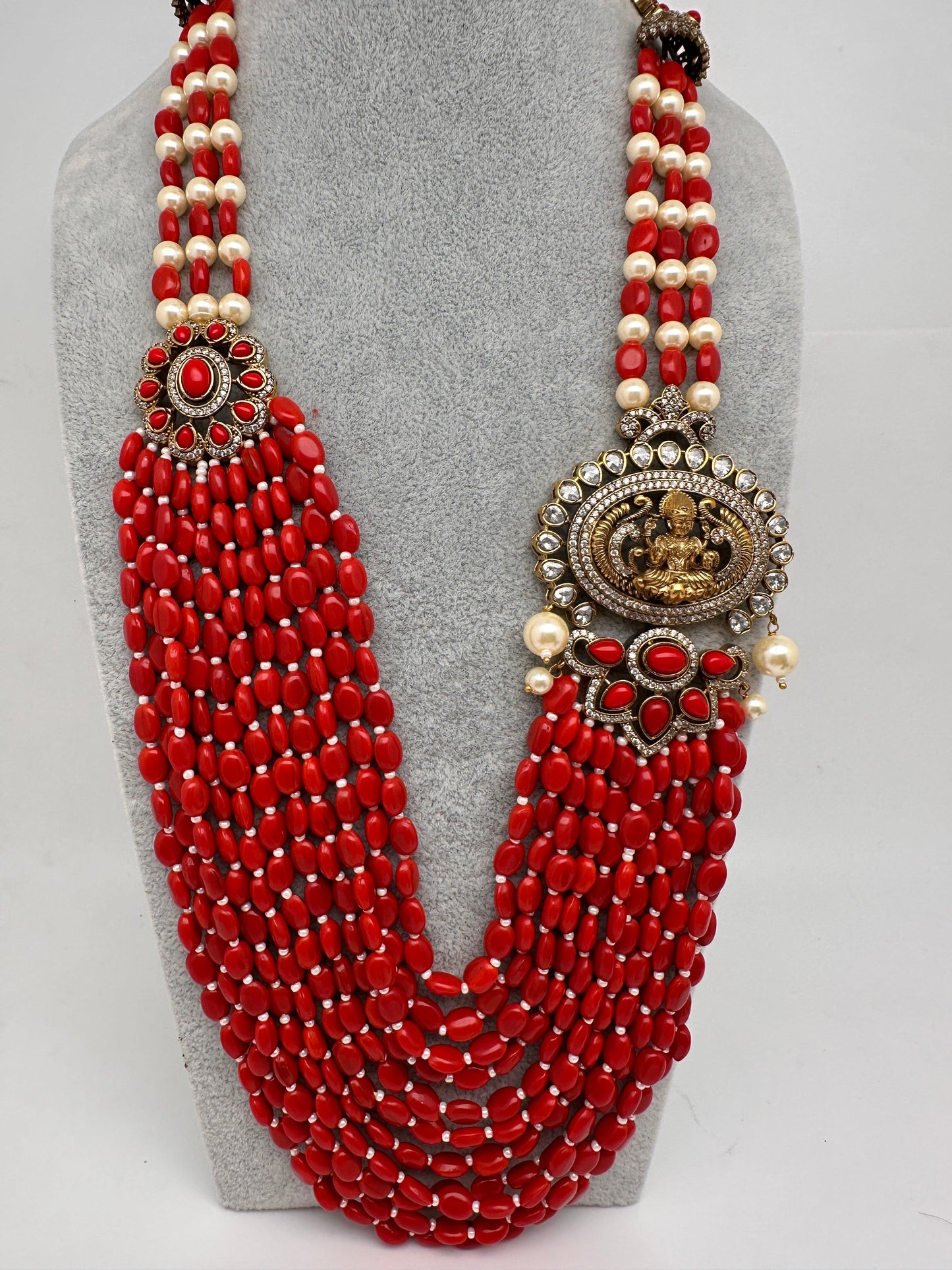 Goddess Lakshmi Color Multi Layer Beads Necklace - Coral