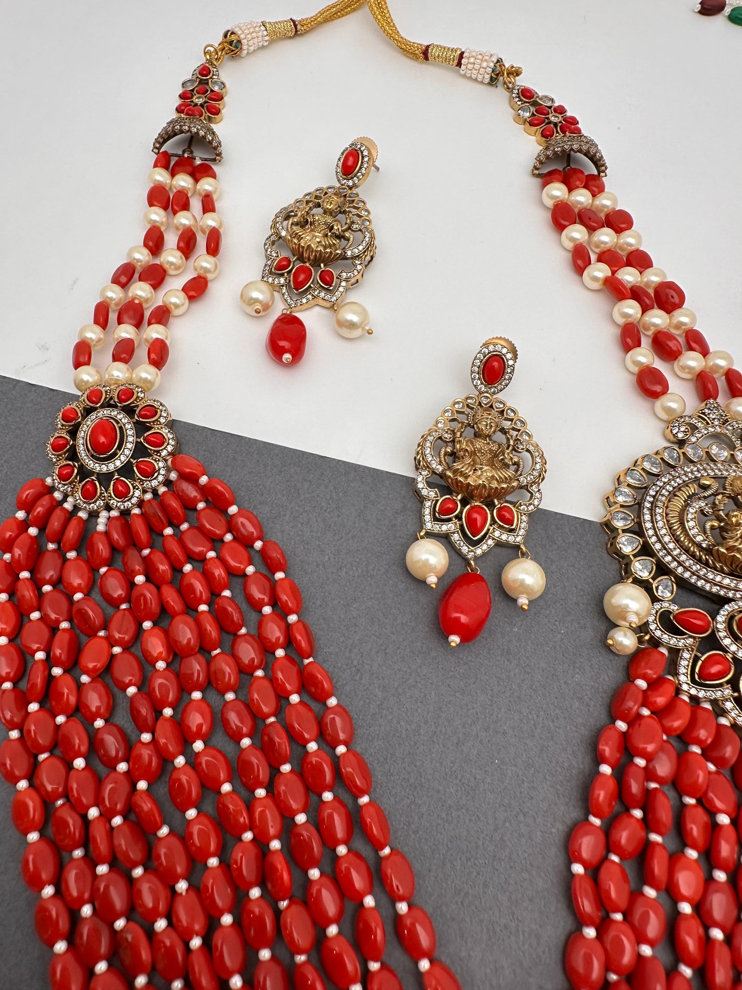 Goddess Lakshmi Color Multi Layer Beads Necklace - Coral