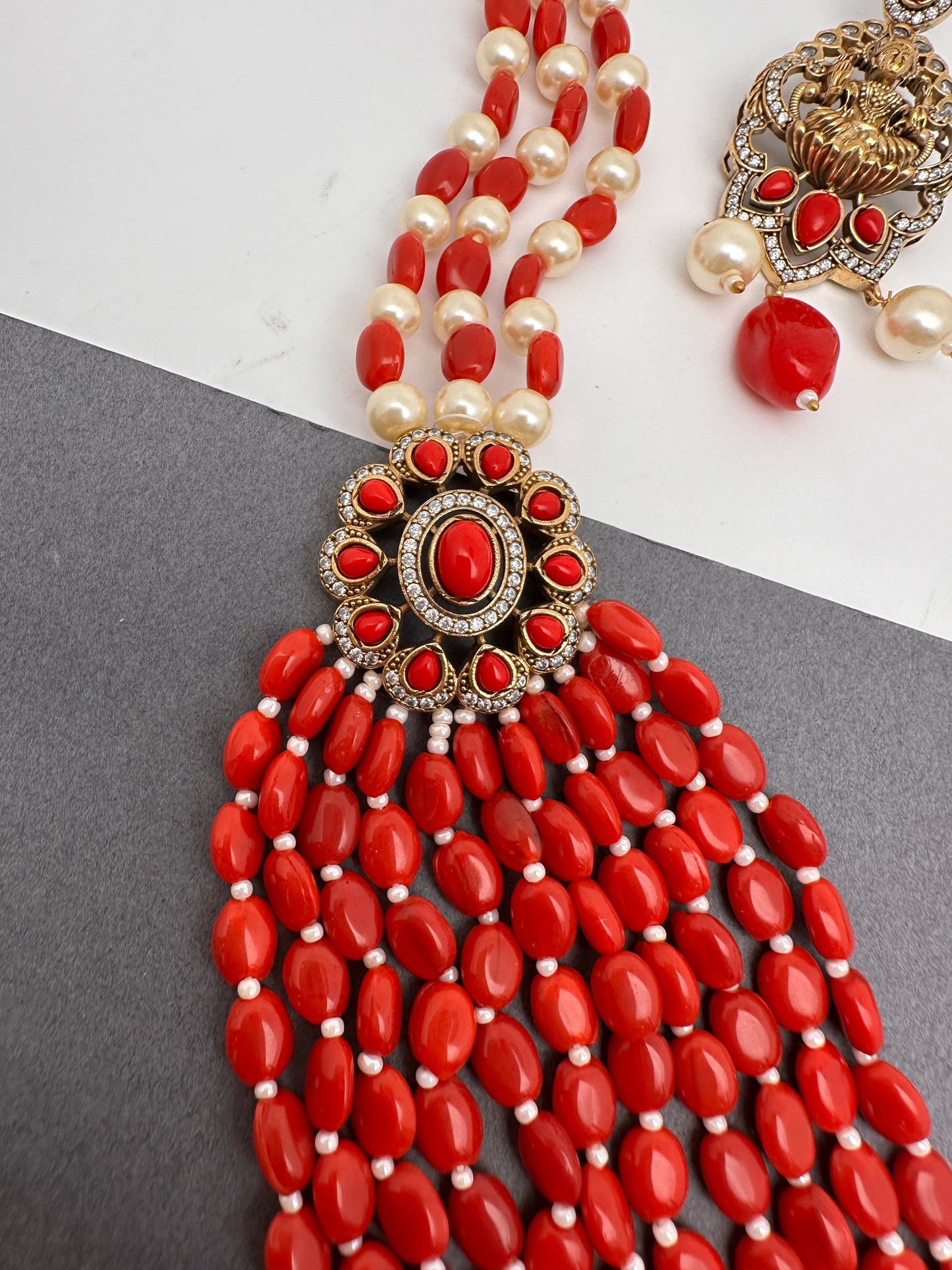 Goddess Lakshmi Color Multi Layer Beads Necklace - Coral