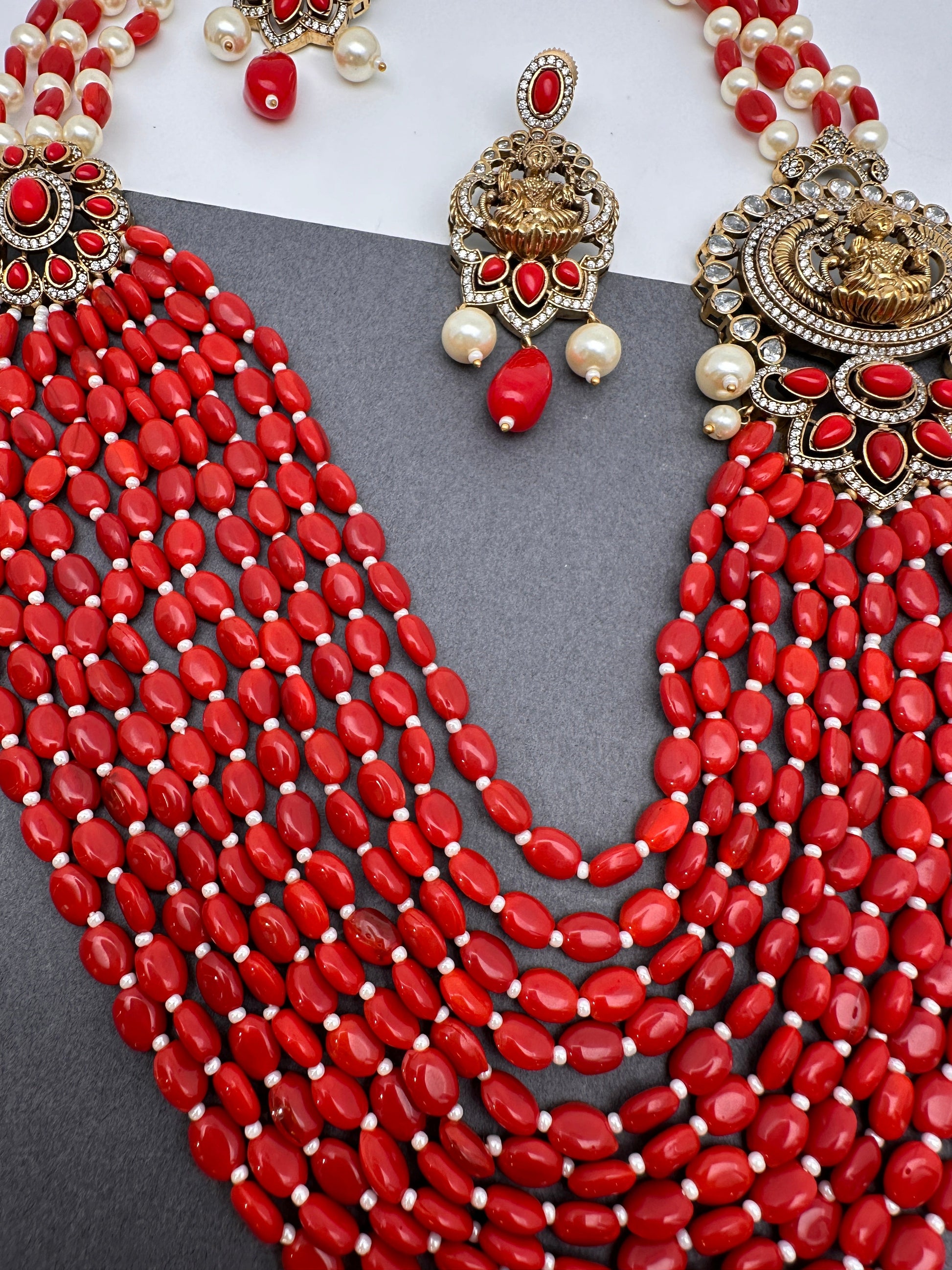 Goddess Lakshmi Color Multi Layer Beads Necklace - Coral