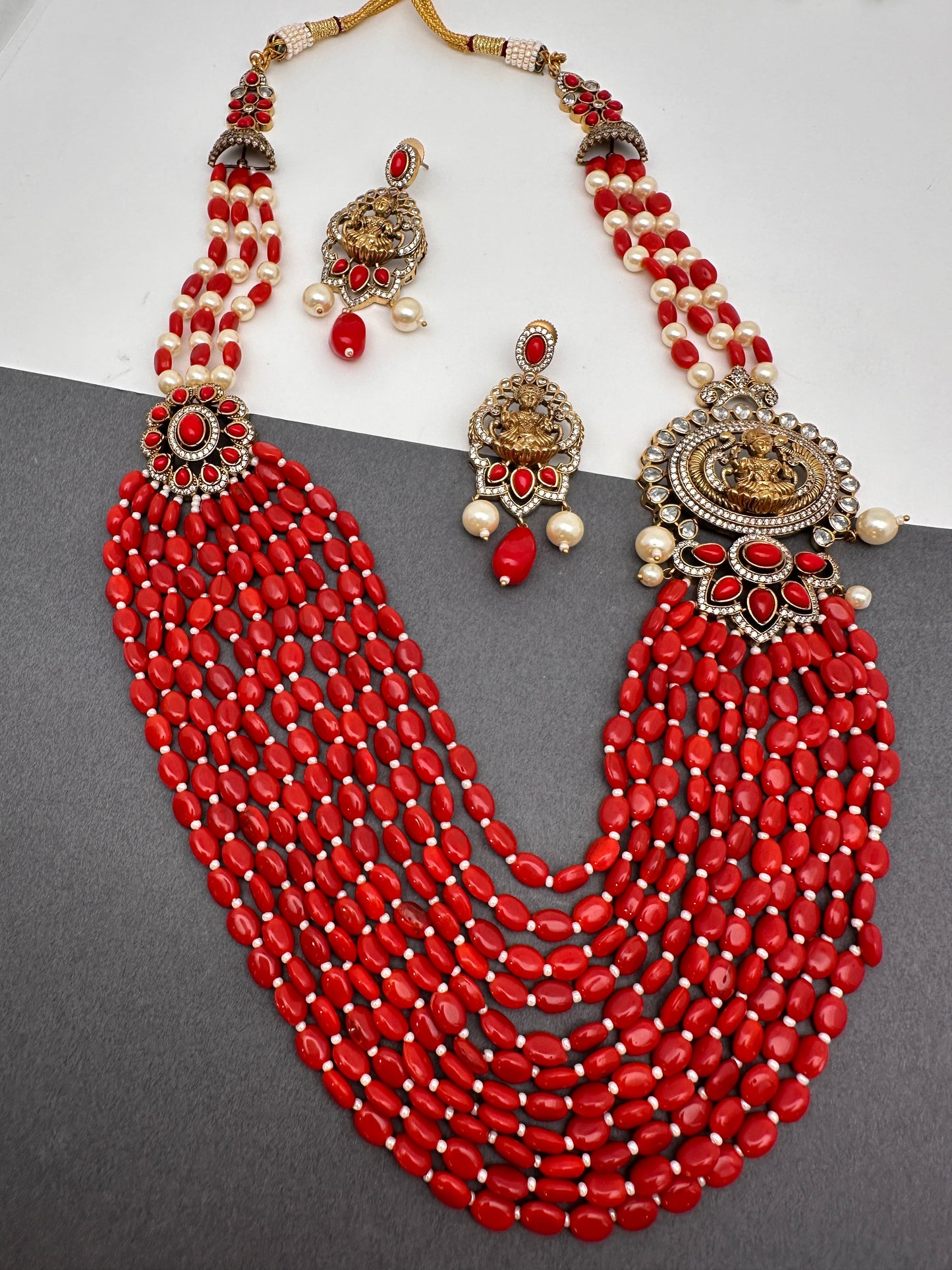 Goddess Lakshmi Color Multi Layer Beads Necklace - Coral