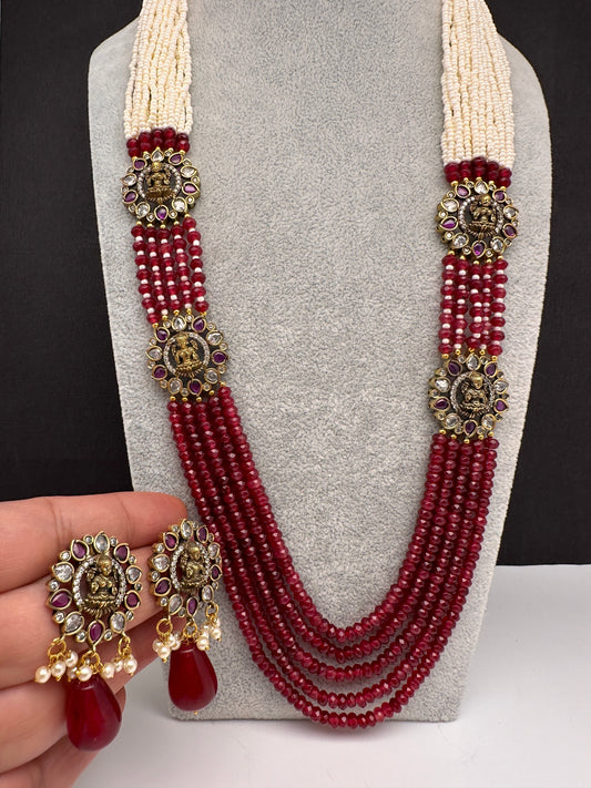 Victorian Goddess Lakshmi Color Multi Layer Beads Necklace - Red