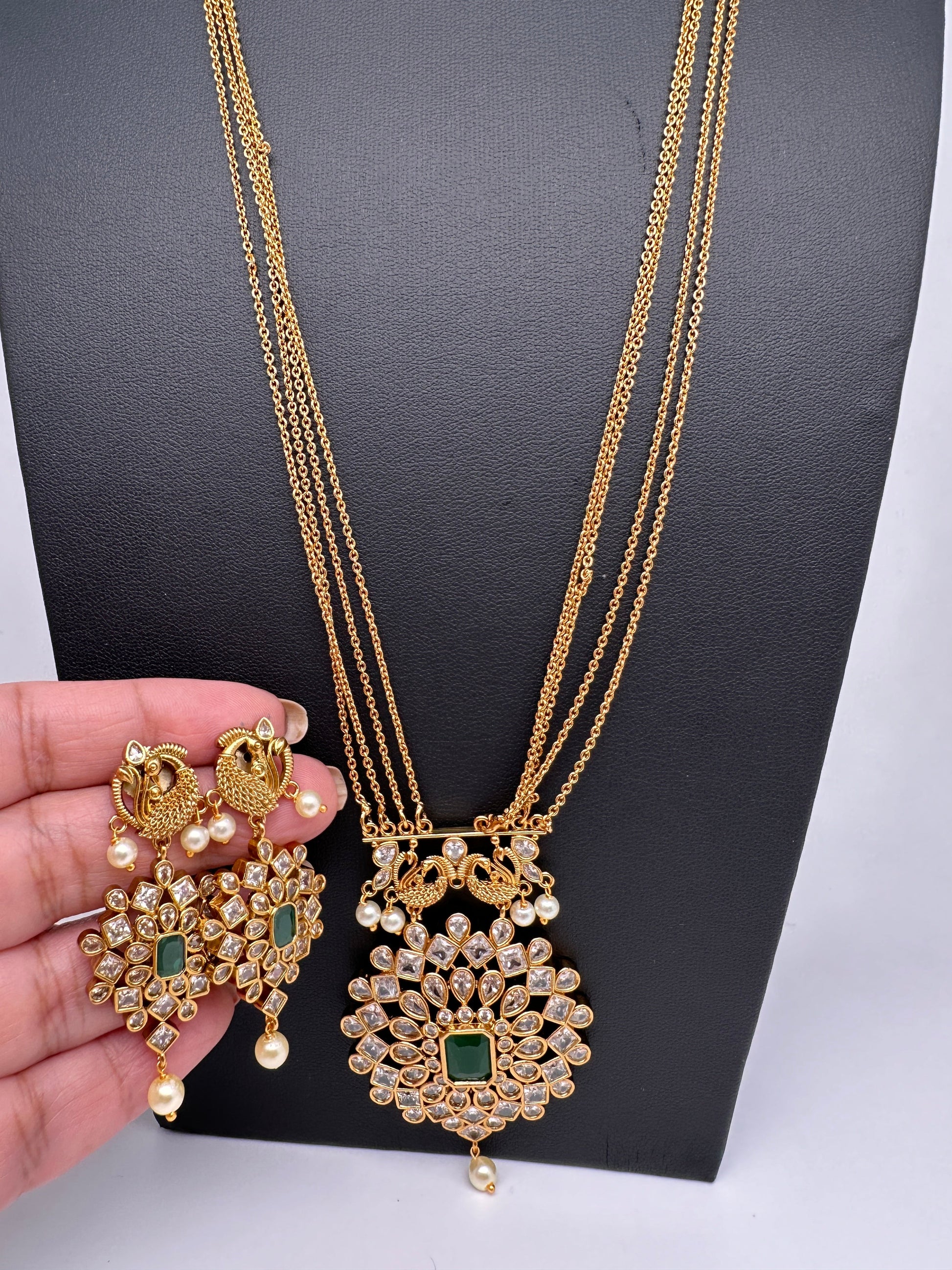 CZ Long Pendent Chain Necklace - Green