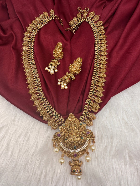 Matte Ganesha Goddess Lakshmi Kassu Mala Long Necklace