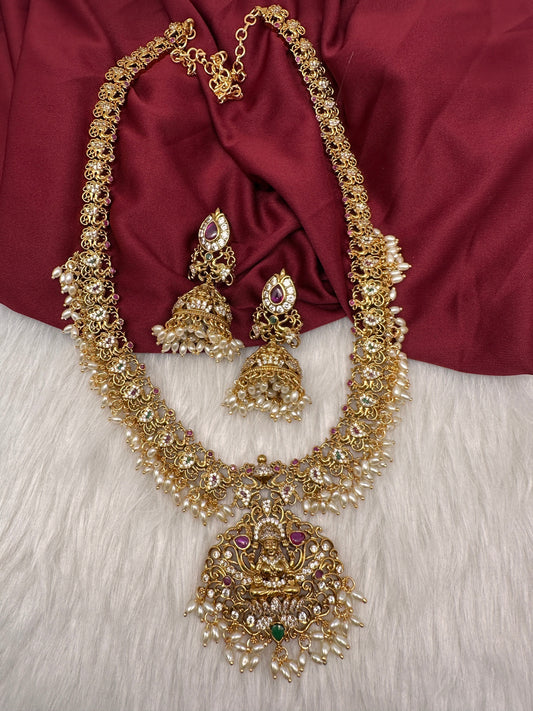 Matte Goddess Lakshmi Rice Pearls Guttapusalu Long Necklace