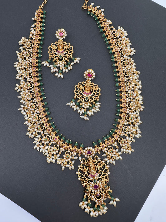 Matte Lord Balaji Rice Pearls Guttapusalu Long Necklace