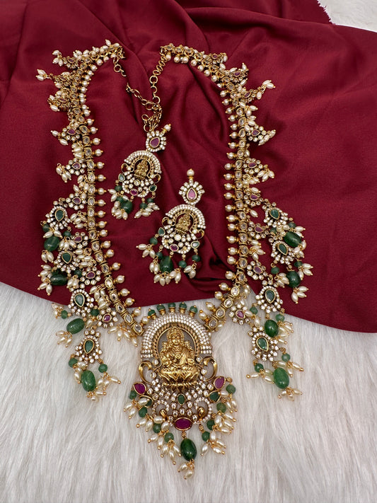 Matte Goddess Lakshmi Rice Pearls Green Guttapusalu Long Necklace