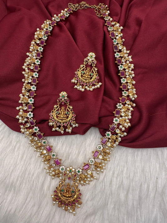 Matte Goddess Lakshmi Pearls Guttapusalu Long Necklace