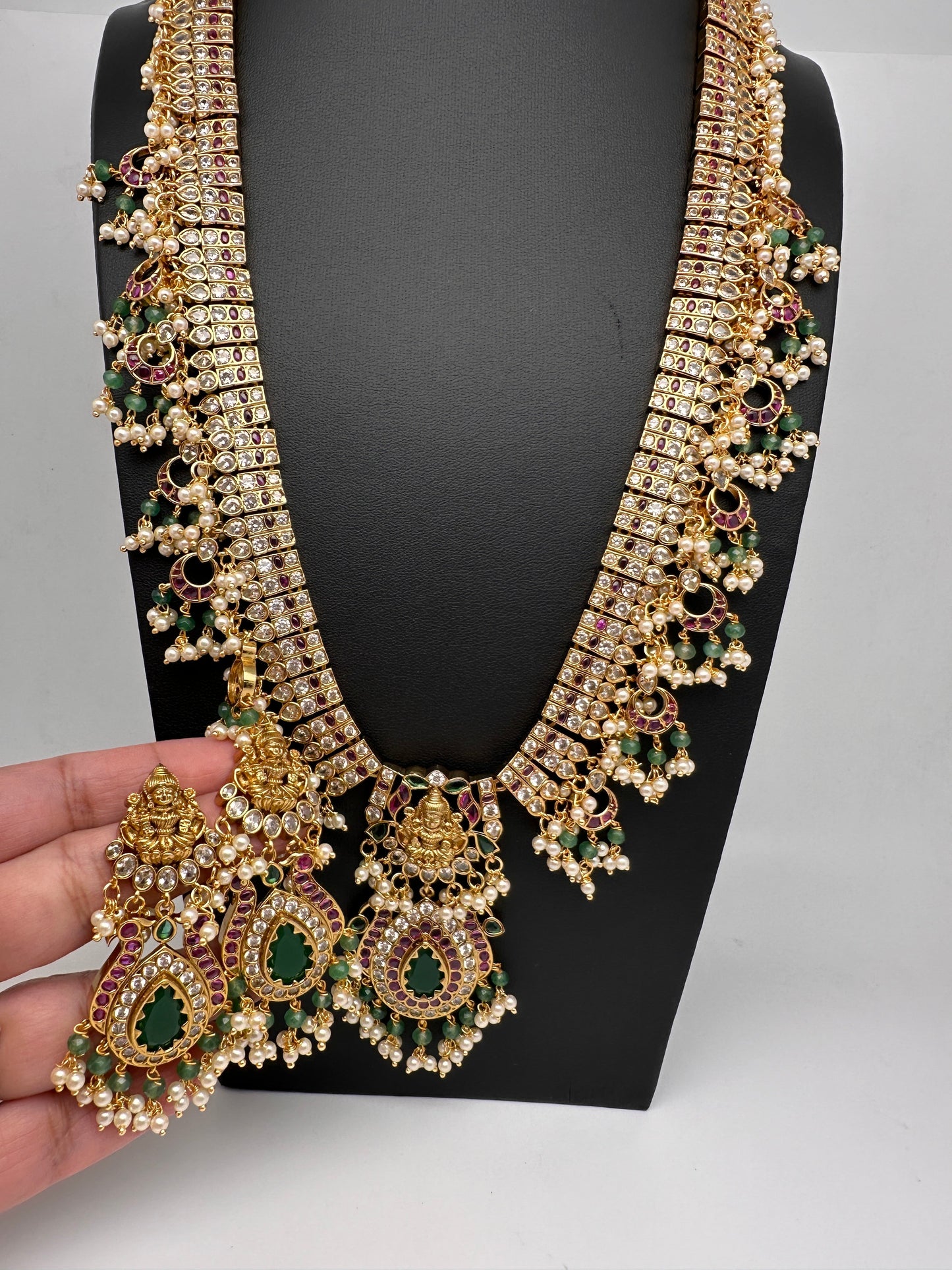 Goddess Lakshmi CZ Pearls Guttapusalu Long Necklace