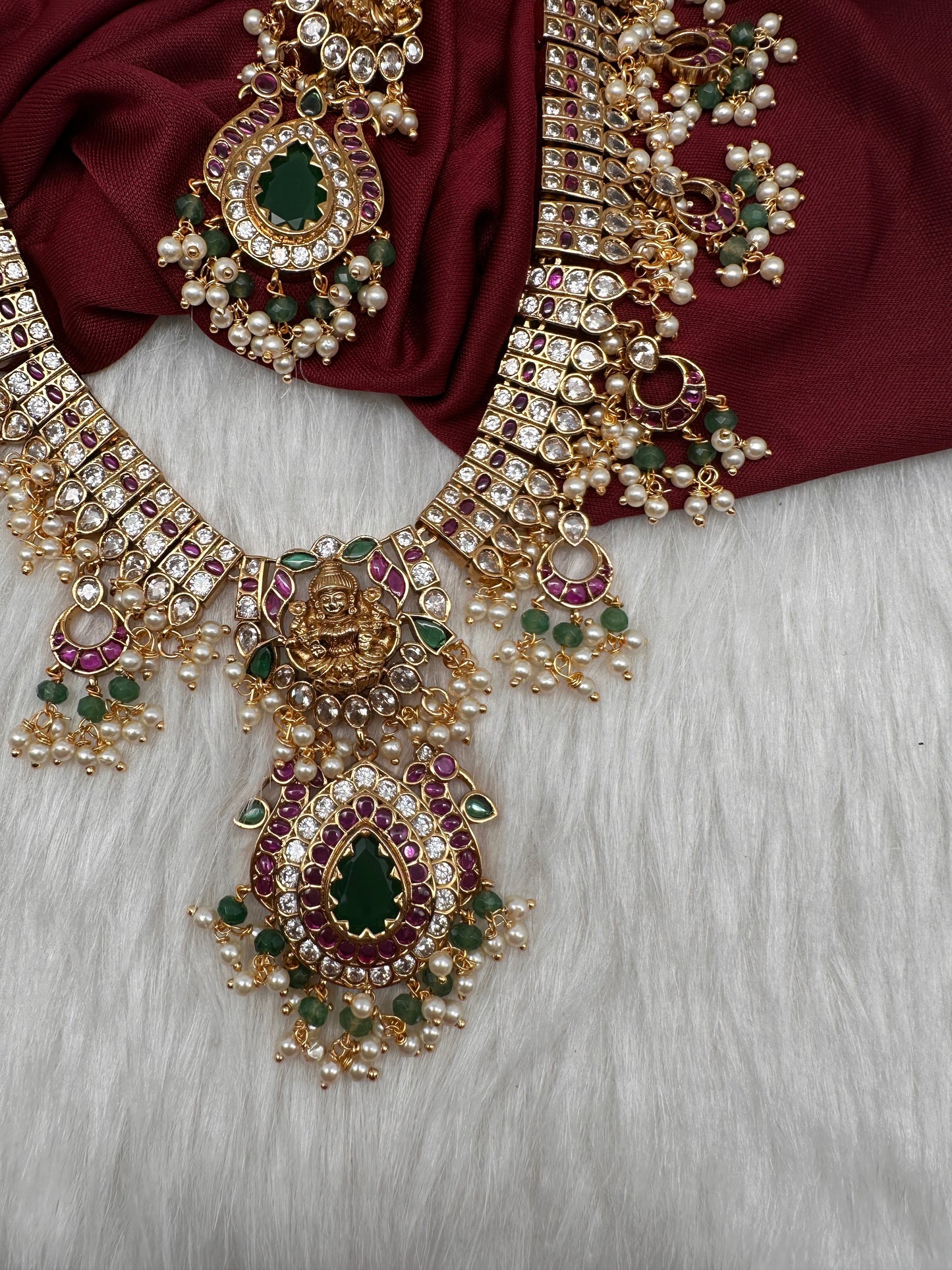 Goddess Lakshmi CZ Pearls Guttapusalu Long Necklace