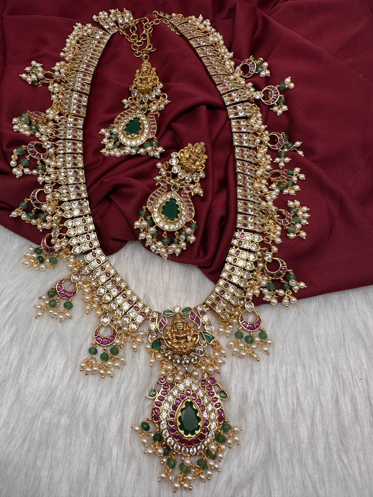 Goddess Lakshmi CZ Pearls Guttapusalu Long Necklace