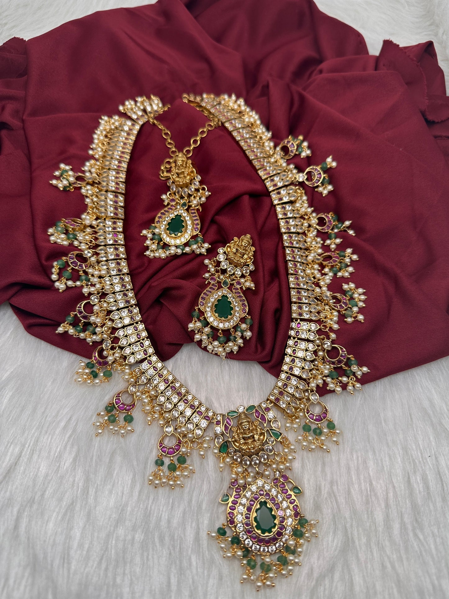 Goddess Lakshmi CZ Pearls Guttapusalu Long Necklace