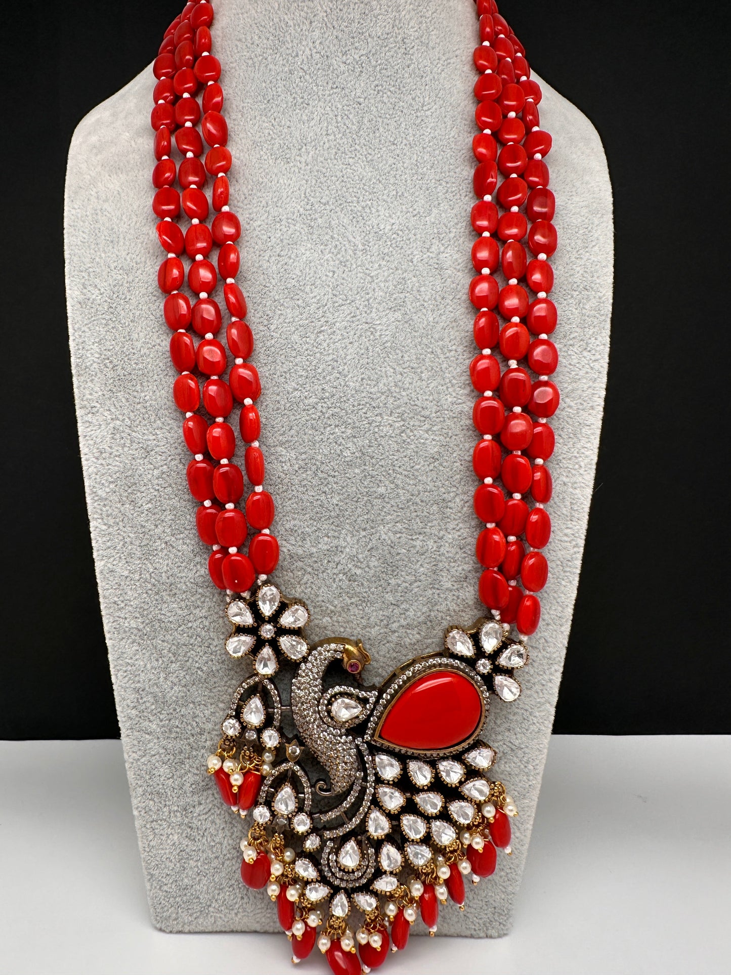 Victorian Peacock Color Multi Layer Beads Necklace - Coral